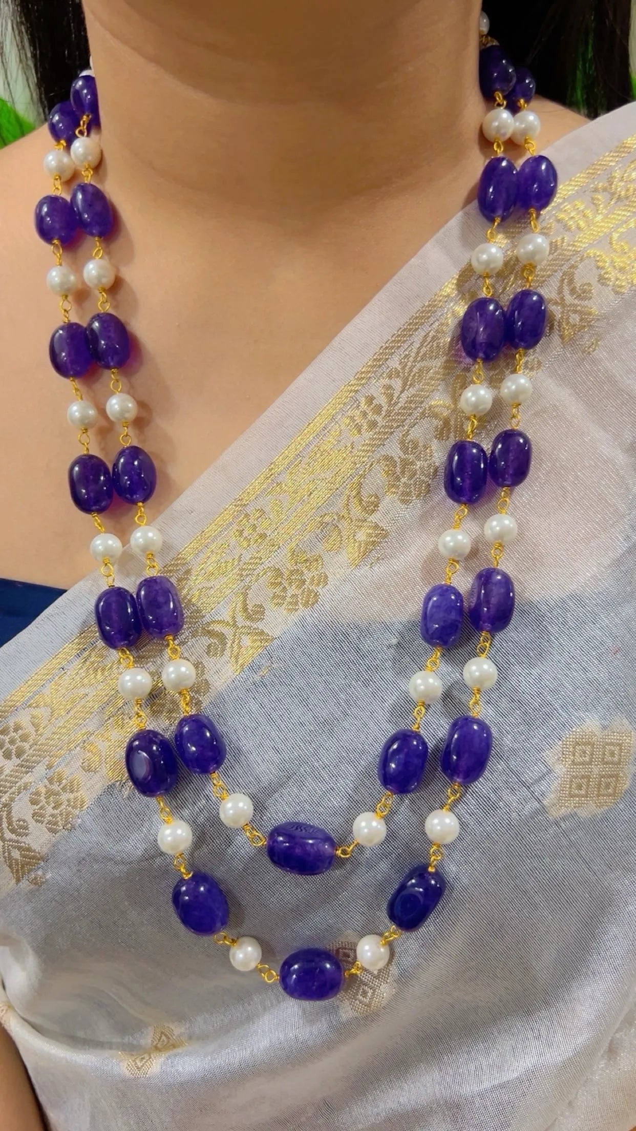 Natural Purple Quartz & Pearl Gemstone Beads Necklace Jewelry