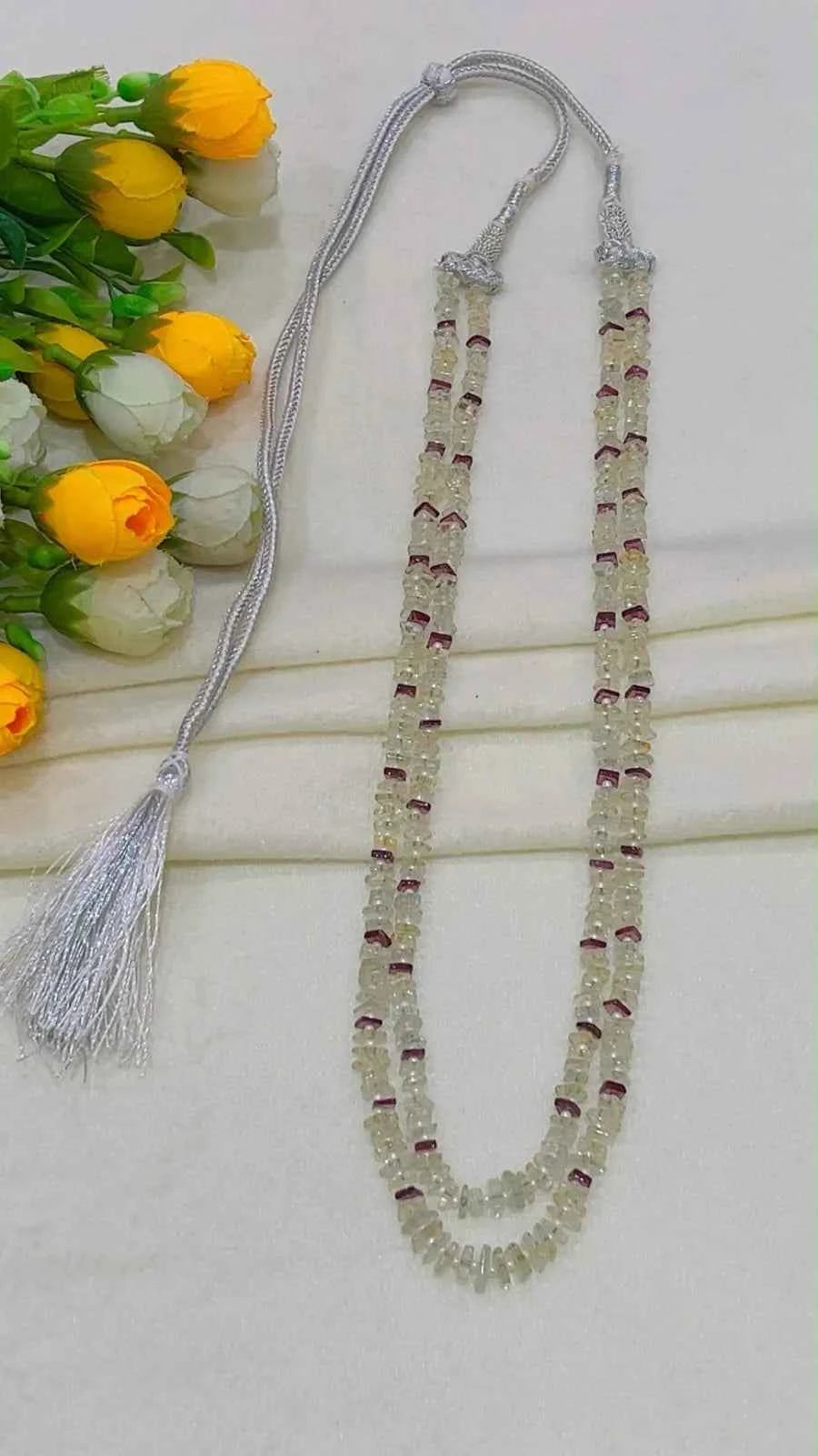 Natural Prehnite & Garnet Gemstone Beads Necklace Jewelry