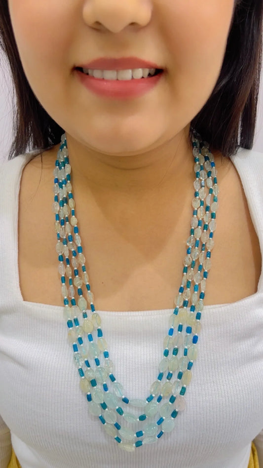 Natural Aquamarine & Neon Apatite Gemstone Beads Necklace Jewelry