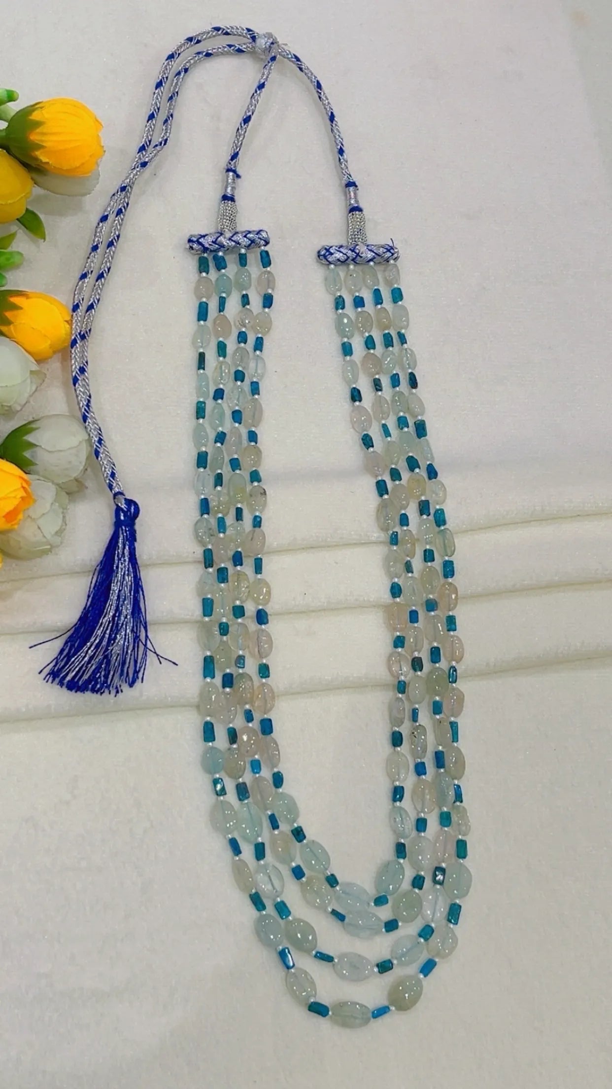 Natural Aquamarine & Neon Apatite Gemstone Beads Necklace Jewelry