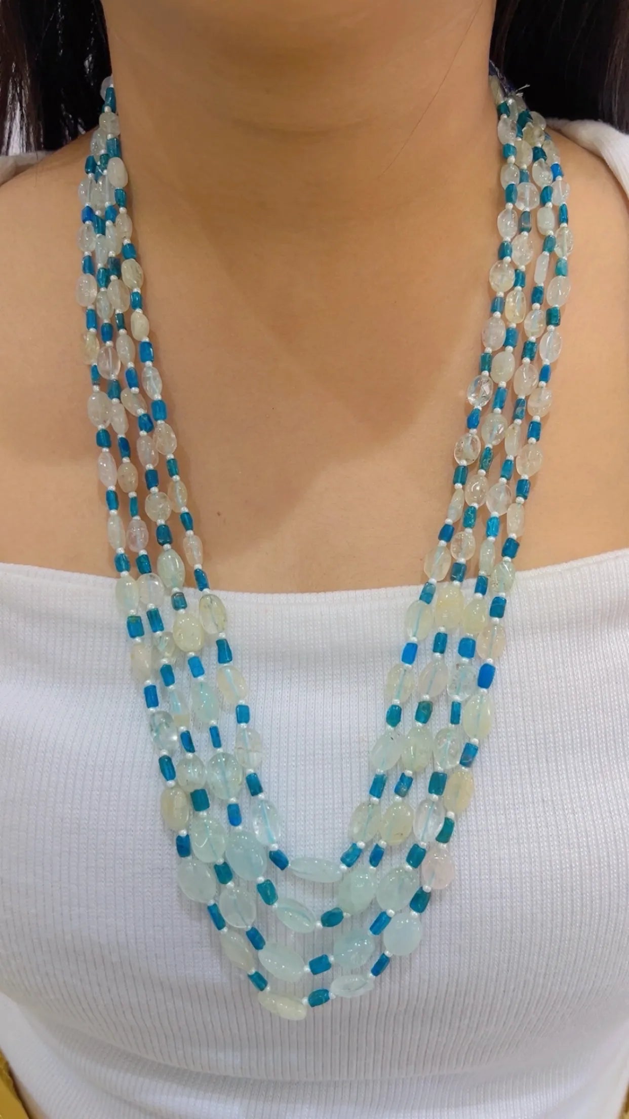 Natural Aquamarine & Neon Apatite Gemstone Beads Necklace Jewelry
