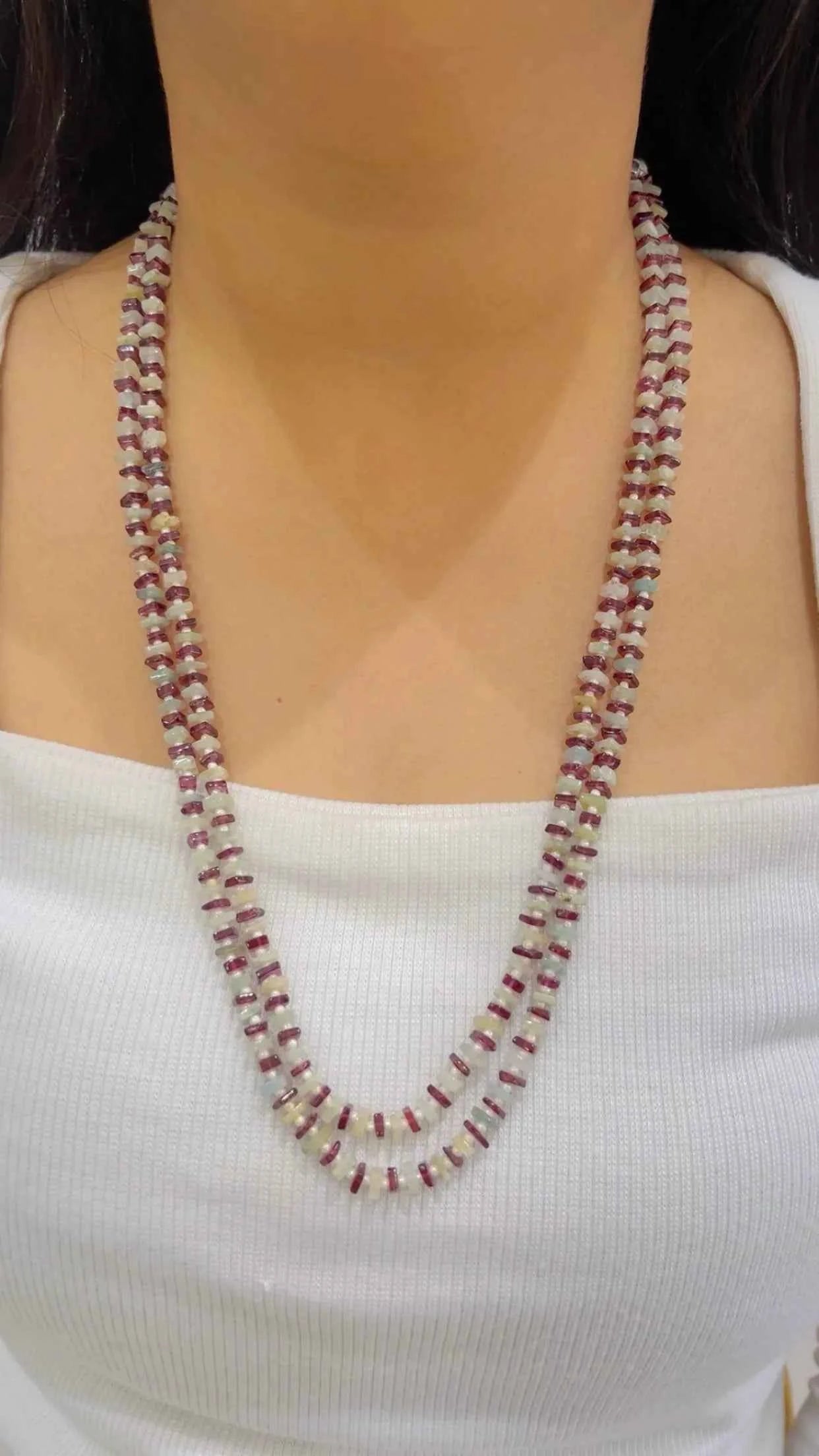 Natural Aquamarine & Garnet Gemstone Beads Necklace Jewelry