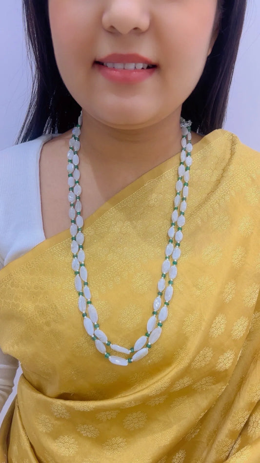 Natural White Rainbow Moonstone & Green Quartz Gemstone Beads Necklace Jewelry