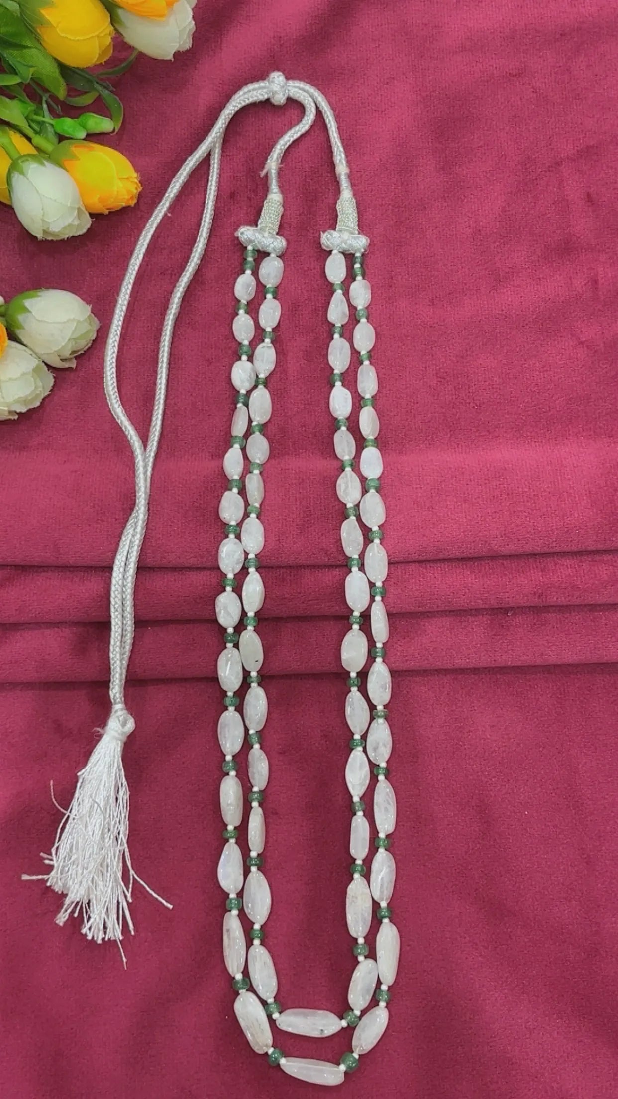 Natural White Rainbow Moonstone & Green Quartz Gemstone Beads Necklace Jewelry