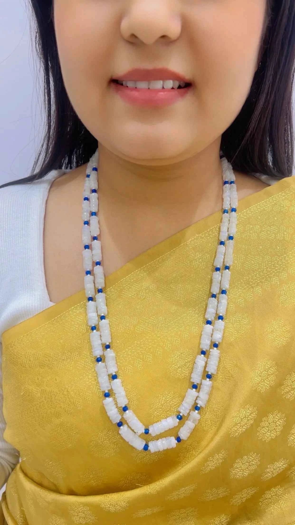 White Rainbow Moonstone & Blue Quartz Gemstone Beads Necklace Jewelry