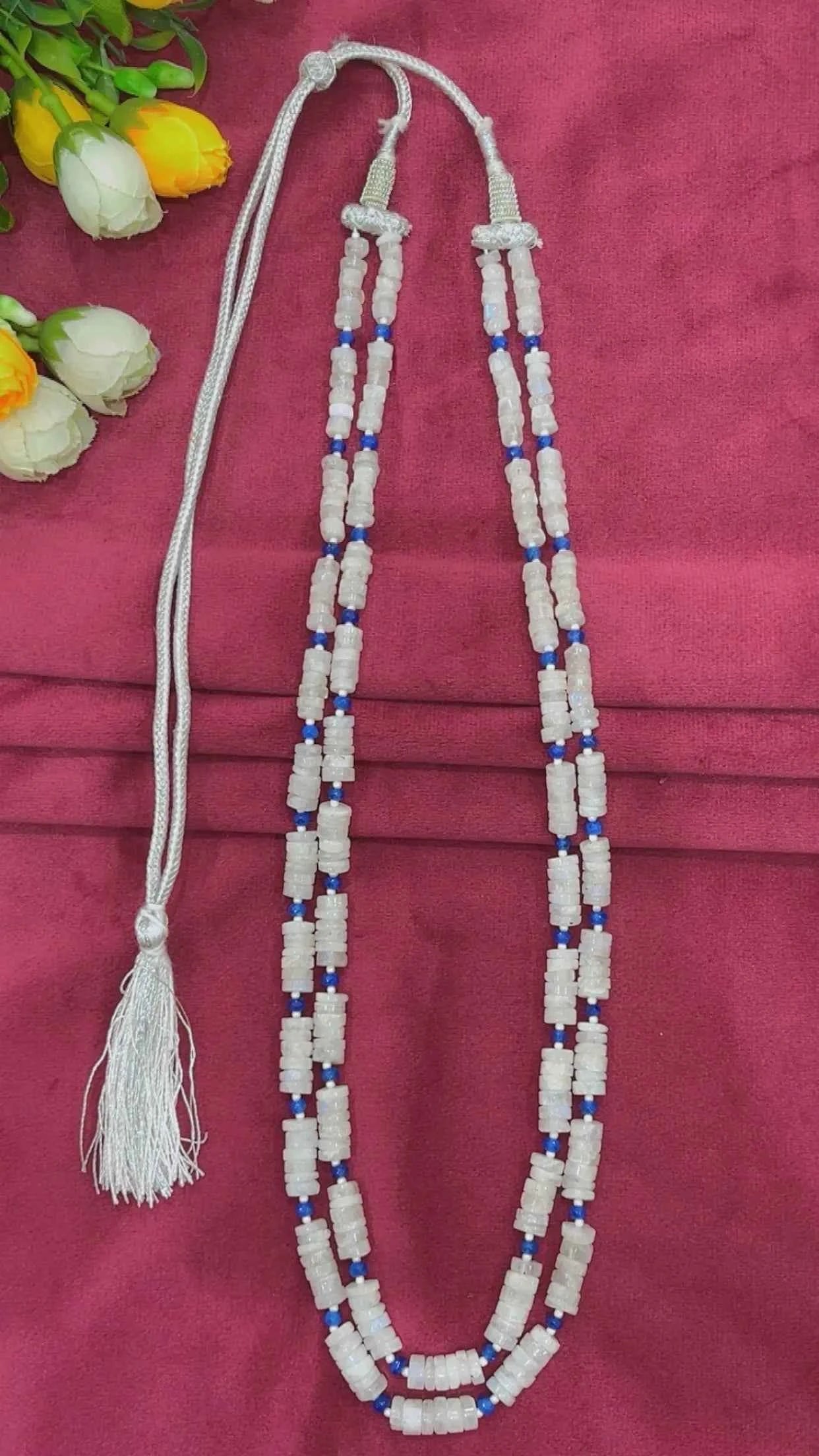 White Rainbow Moonstone & Blue Quartz Gemstone Beads Necklace Jewelry