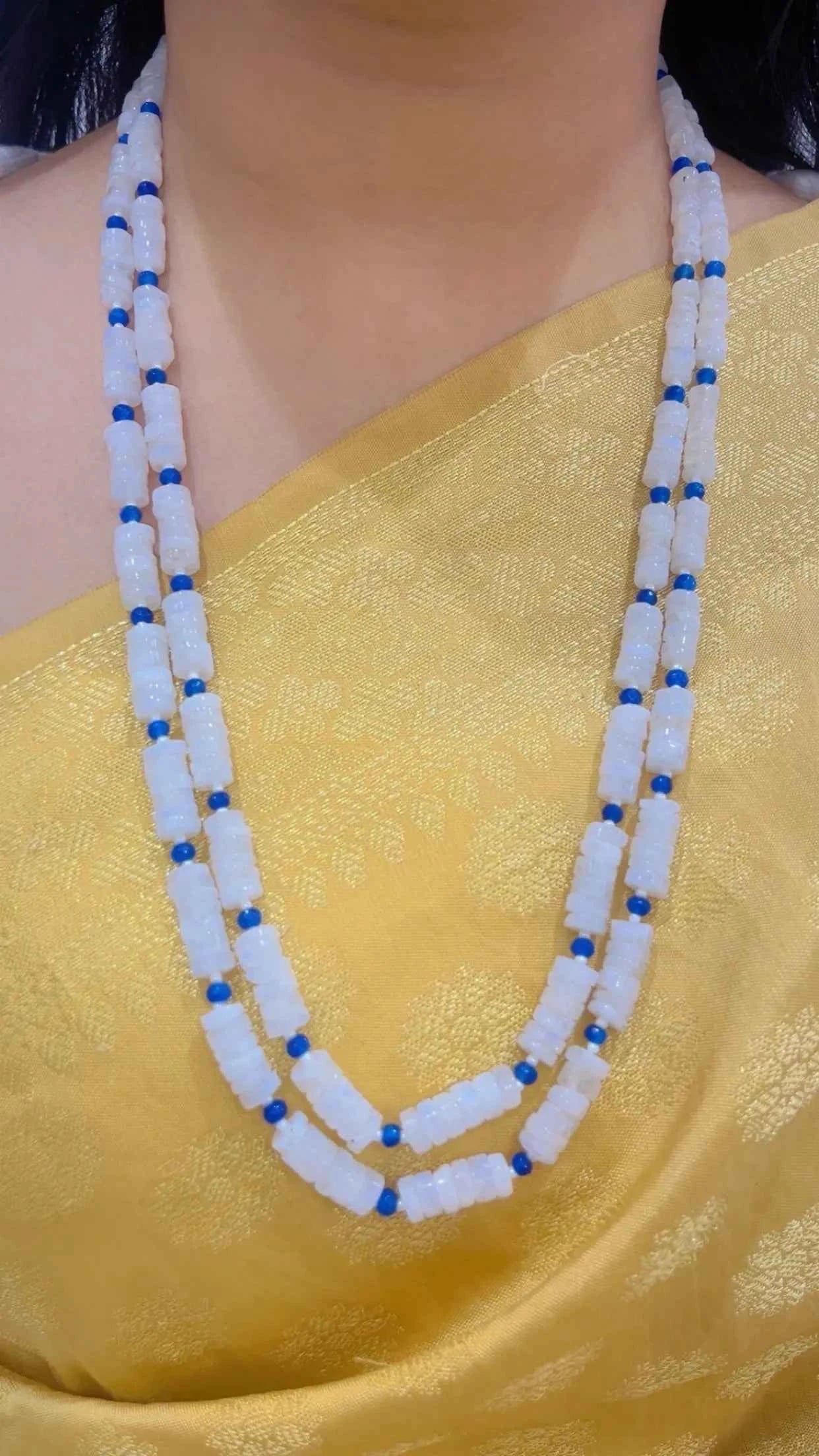 White Rainbow Moonstone & Blue Quartz Gemstone Beads Necklace Jewelry