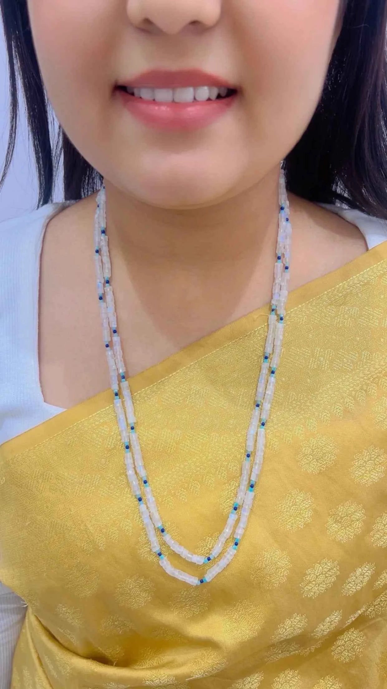 Natural White Rainbow Moonstone & Blue Quartz Gemstone Beads Necklace Jewelry