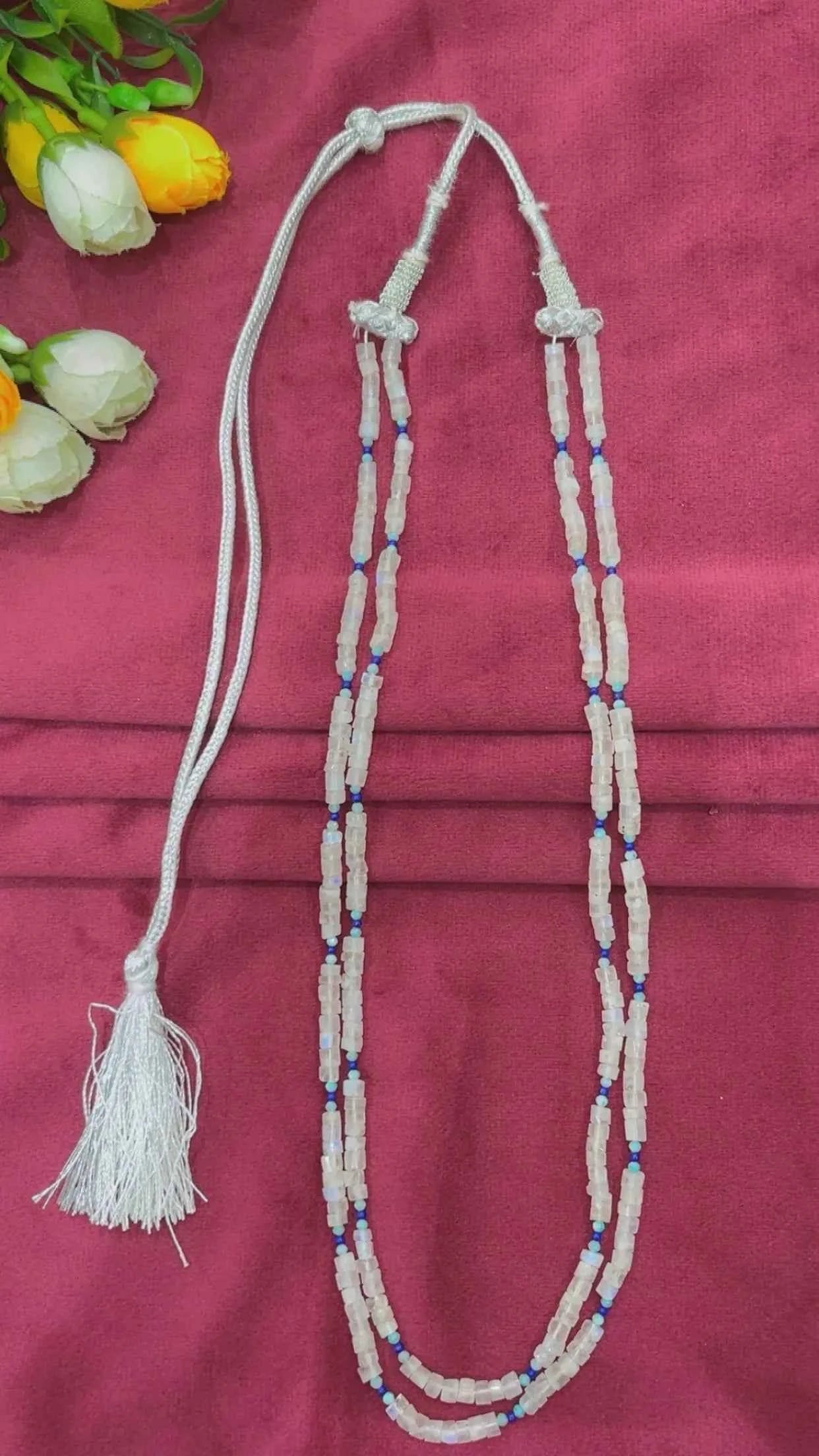 Natural White Rainbow Moonstone & Blue Quartz Gemstone Beads Necklace Jewelry