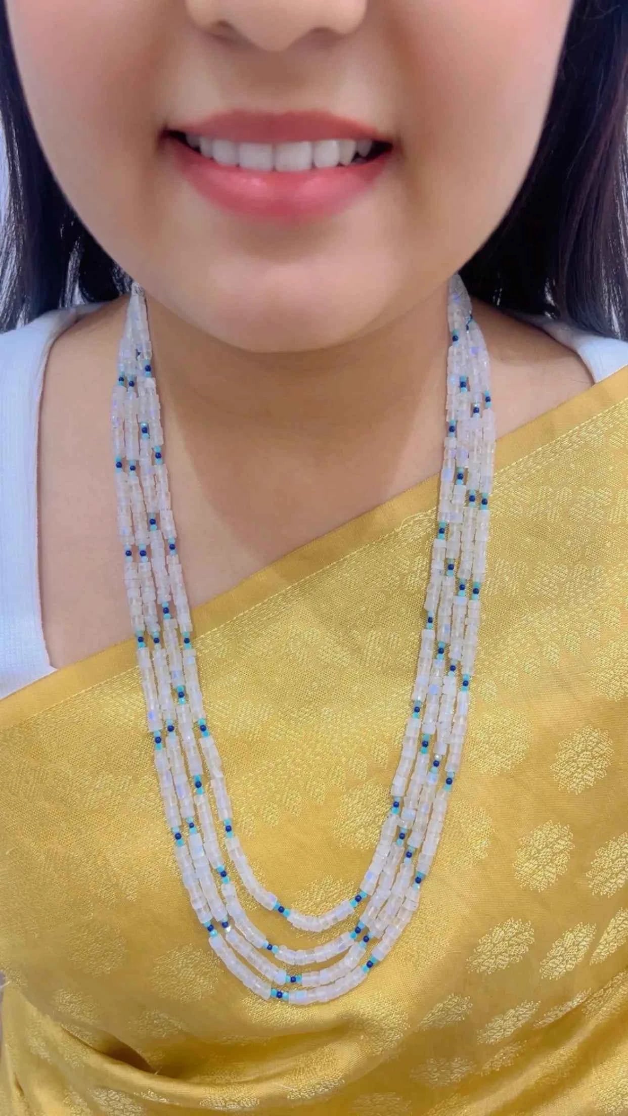 Natural White Rainbow Moonstone & Green Quartz Gemstone Beads Necklace Jewelry