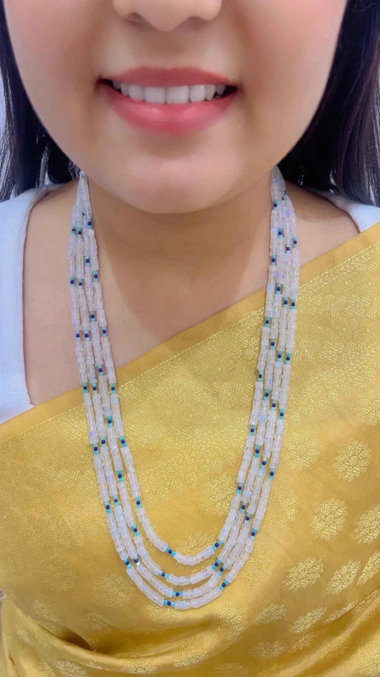 Natural White Rainbow Moonstone & Green Quartz Gemstone Beads Necklace Jewelry