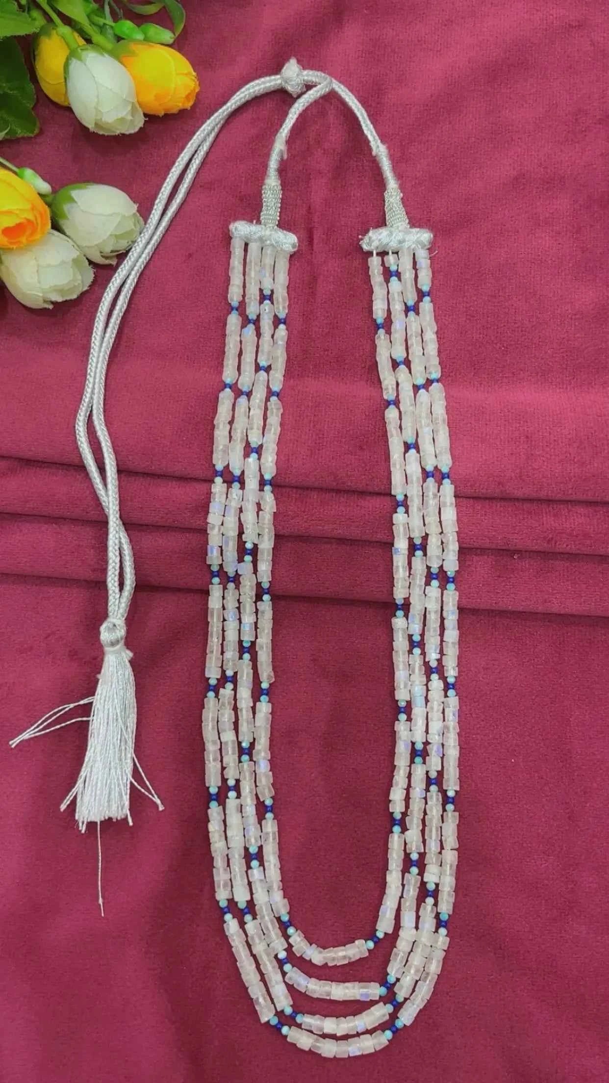 Natural White Rainbow Moonstone & Green Quartz Gemstone Beads Necklace Jewelry