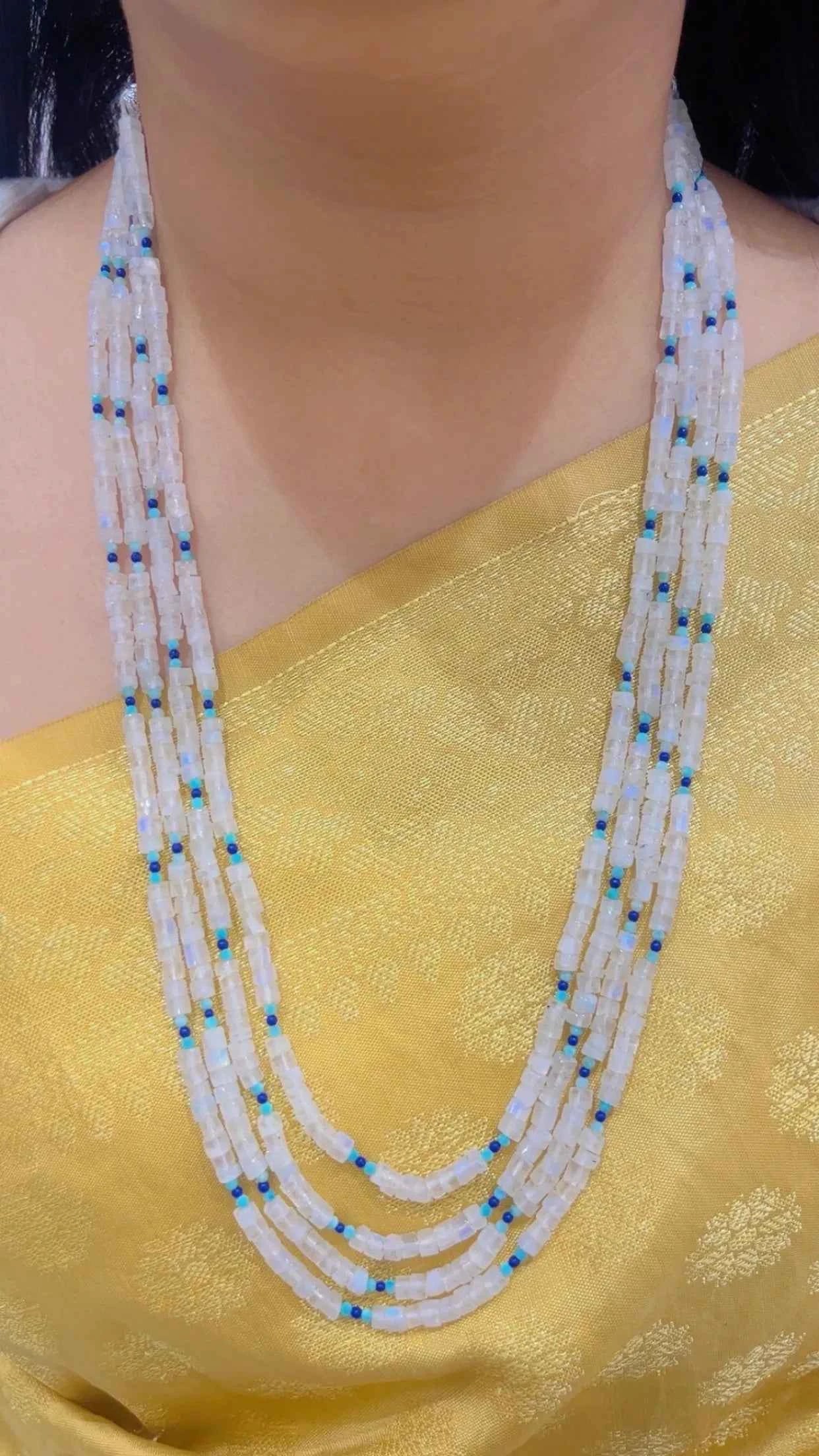 Natural White Rainbow Moonstone & Green Quartz Gemstone Beads Necklace Jewelry