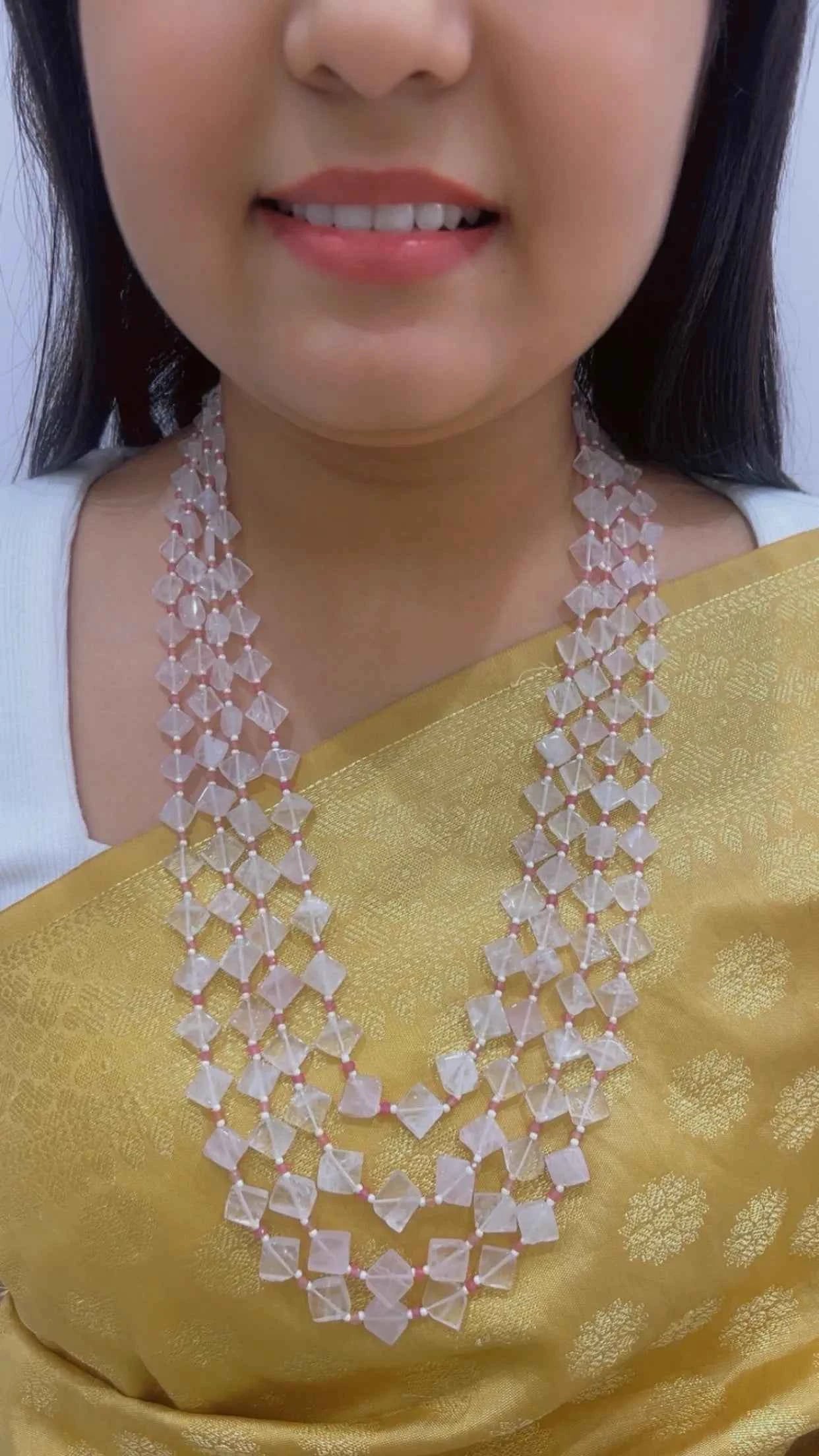 Natural White Moonstone & Pink Quartz Gemstone Beads Necklace Jewelry