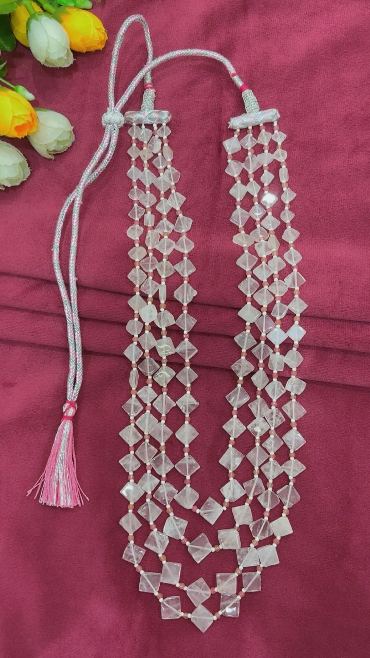 Natural White Moonstone & Pink Quartz Gemstone Beads Necklace Jewelry
