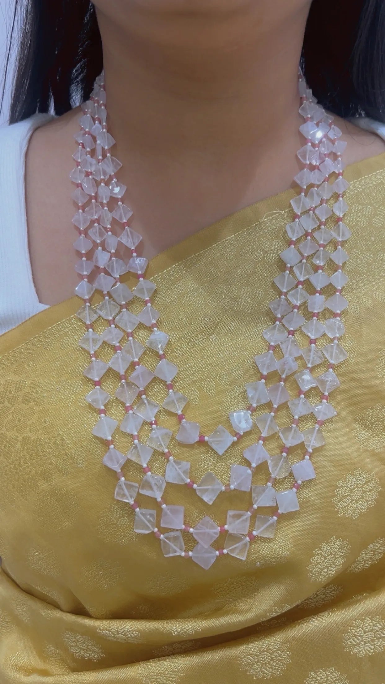 Natural White Moonstone & Pink Quartz Gemstone Beads Necklace Jewelry