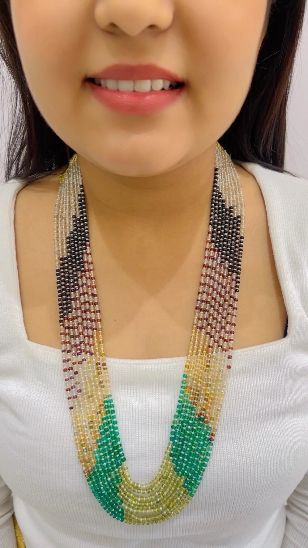 Natural Multi Gemstone Peridot, Green Onyx, Garnet, Black Spinel, White Moonstone Gemstone Beads Necklace Jewelry