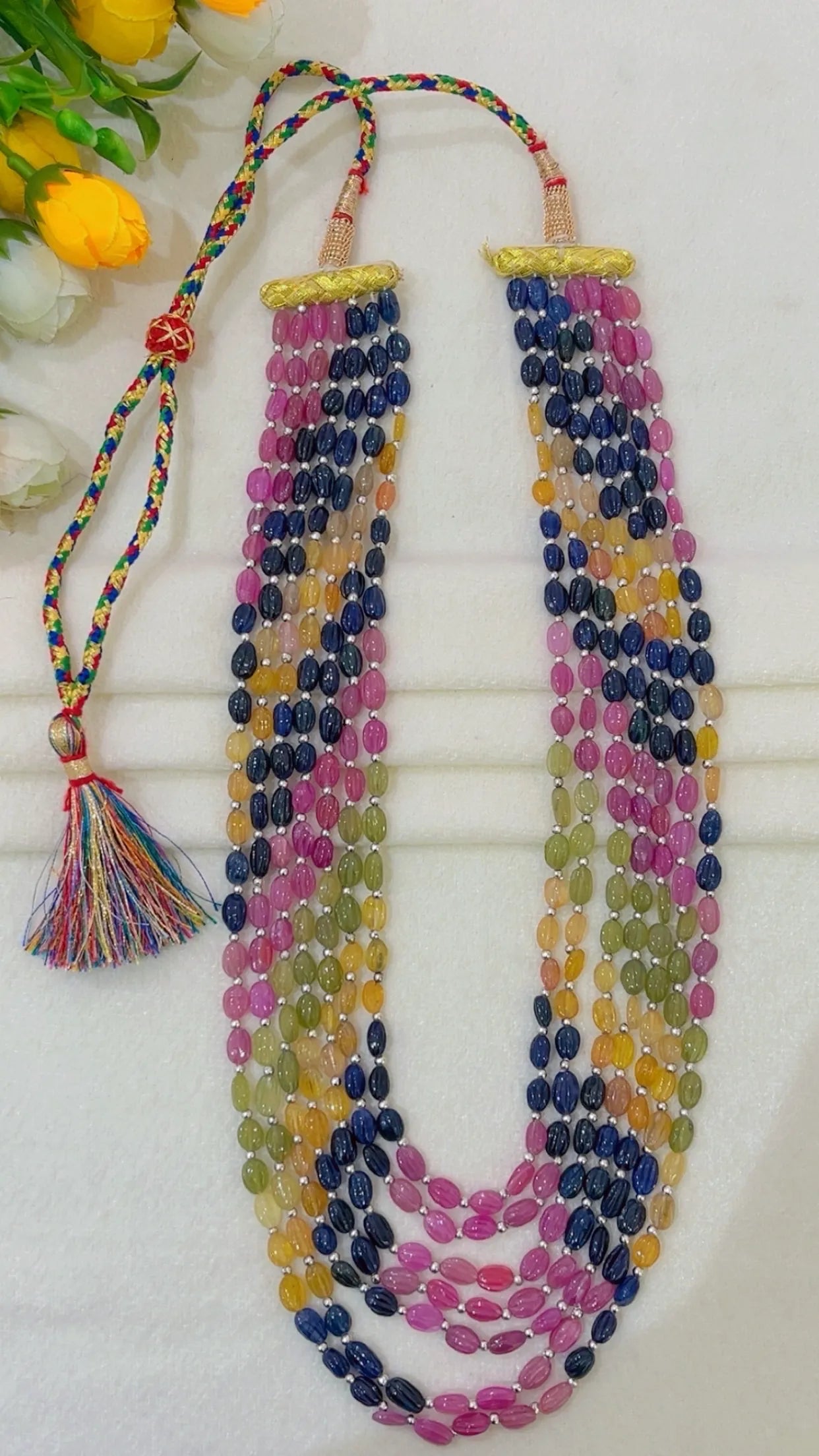Natural Multi Sapphire Carving Gemstone Beads Necklace Jewelry