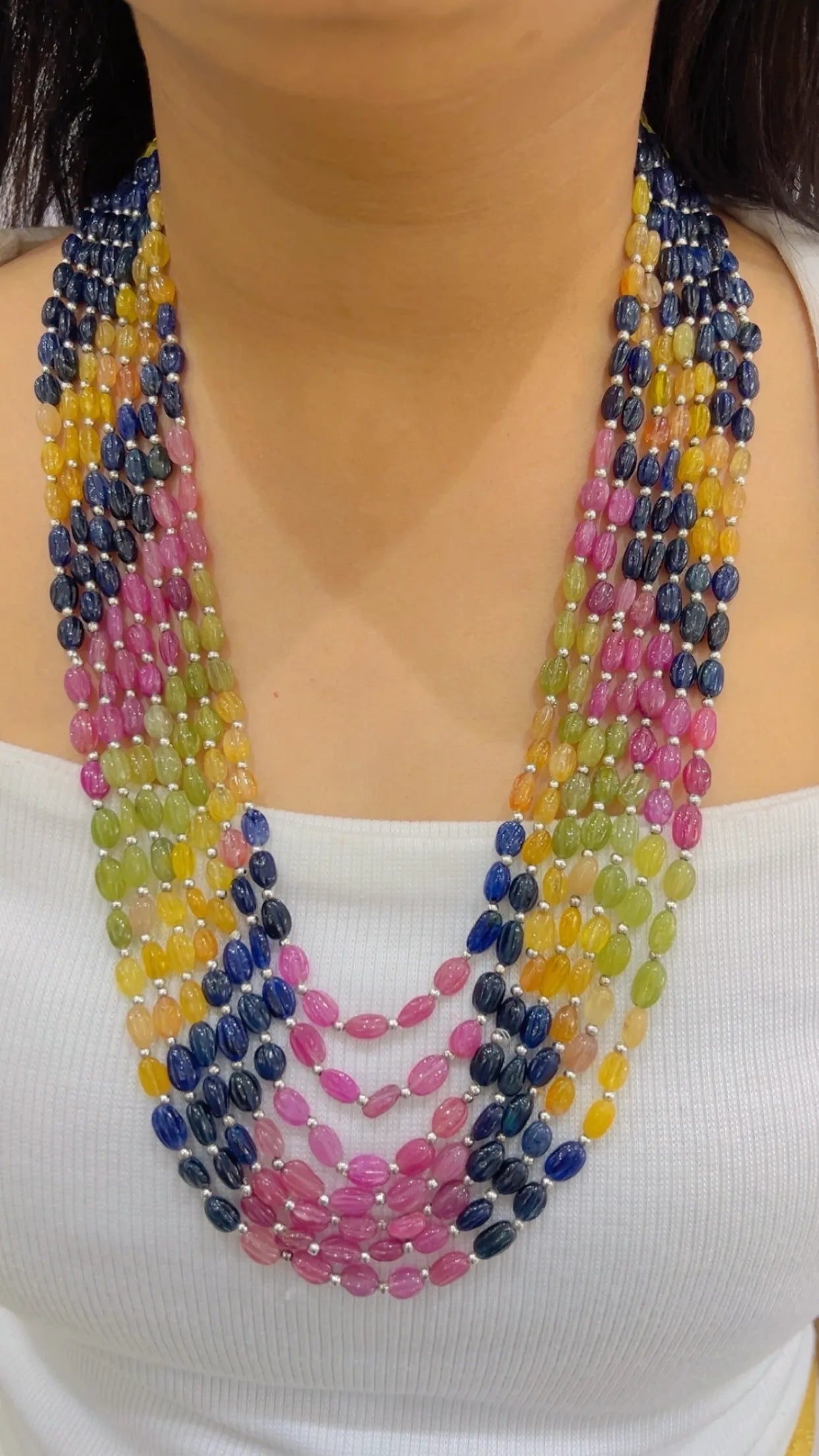 Natural Multi Sapphire Carving Gemstone Beads Necklace Jewelry