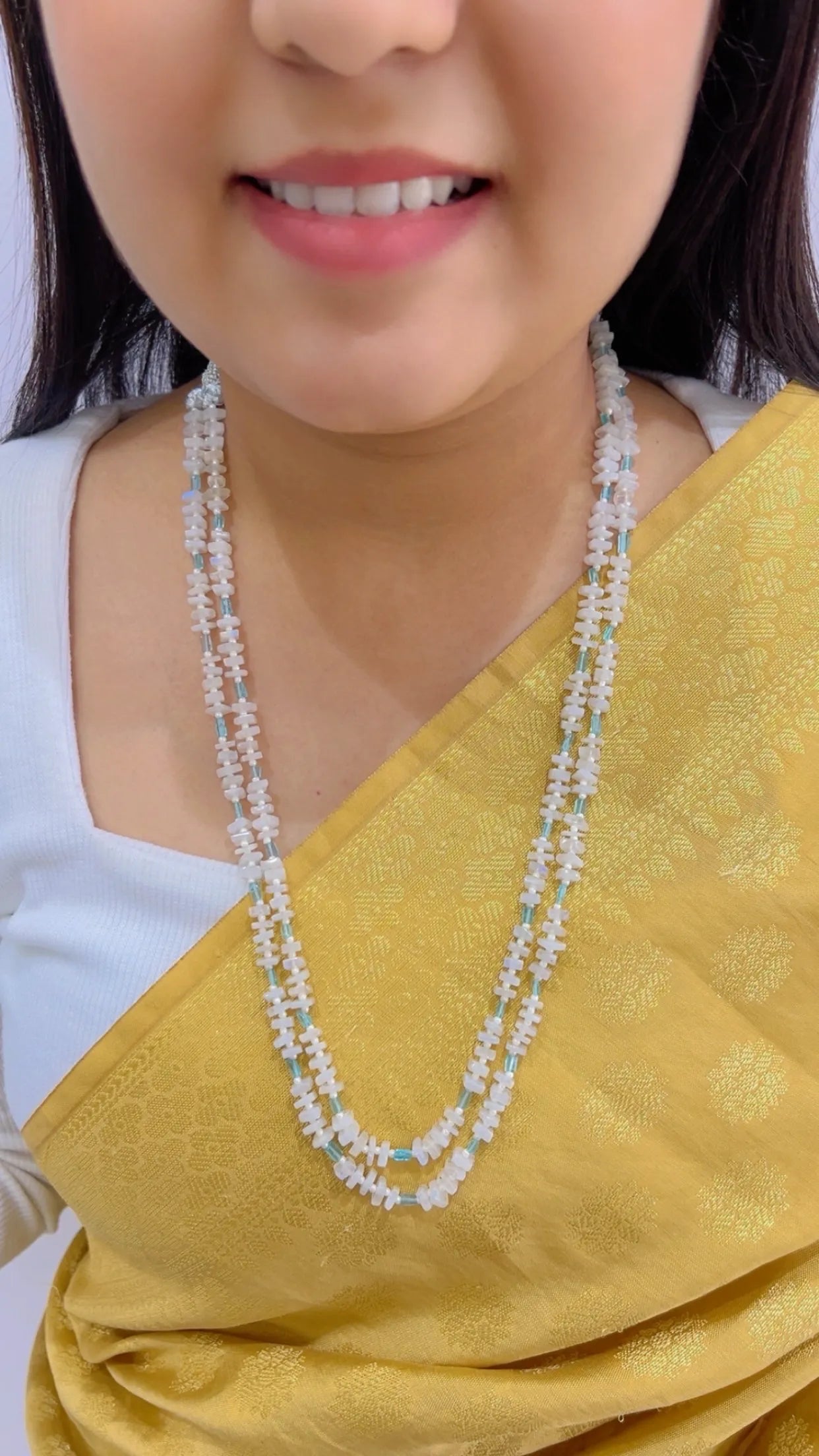 Natural White Moonstone & Sky Apatite Gemstone Beads Necklace Jewelry