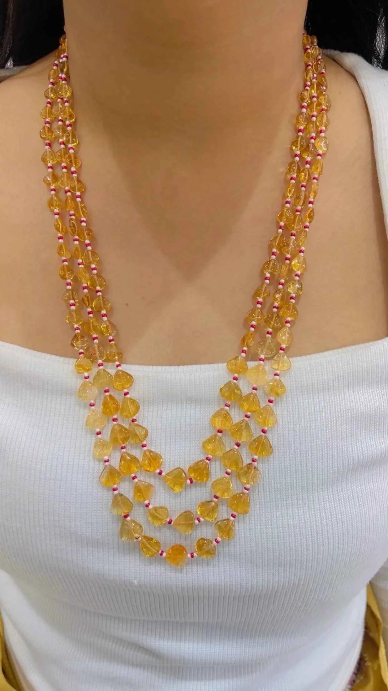Natural Citrine & Red Quartz Gemstone Beads Necklace Jewelry