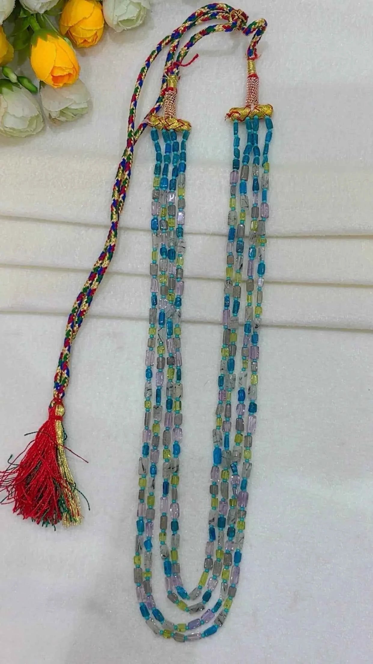 Natural Black Rutile, Garnet & Neon Apatite Gemstone Beads Necklace Jewelry