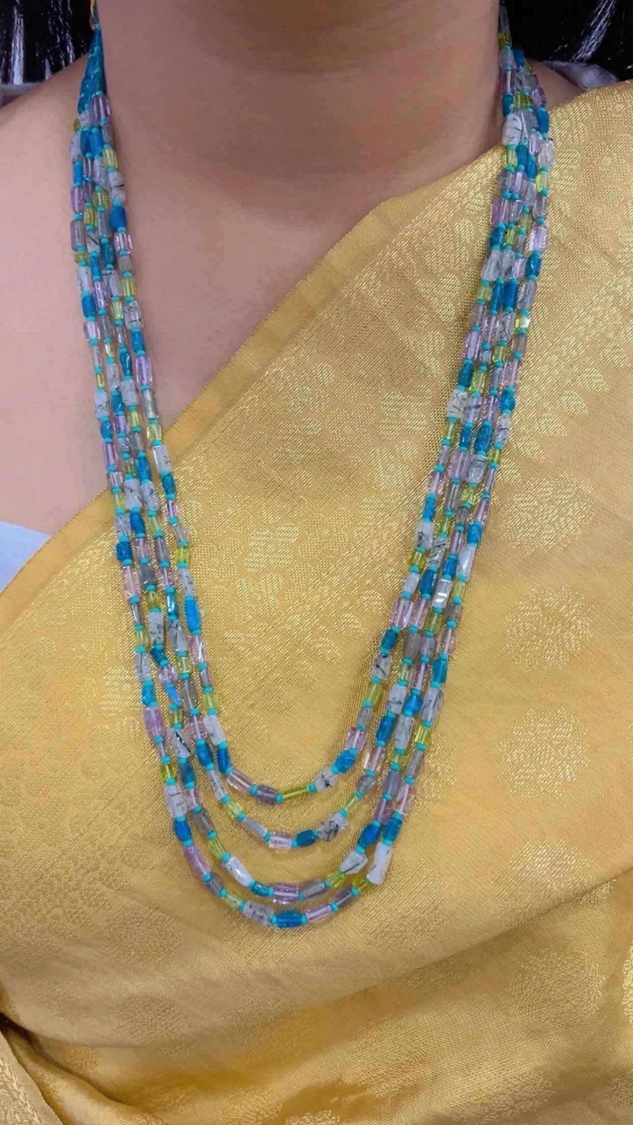 Natural Black Rutile, Garnet & Neon Apatite Gemstone Beads Necklace Jewelry
