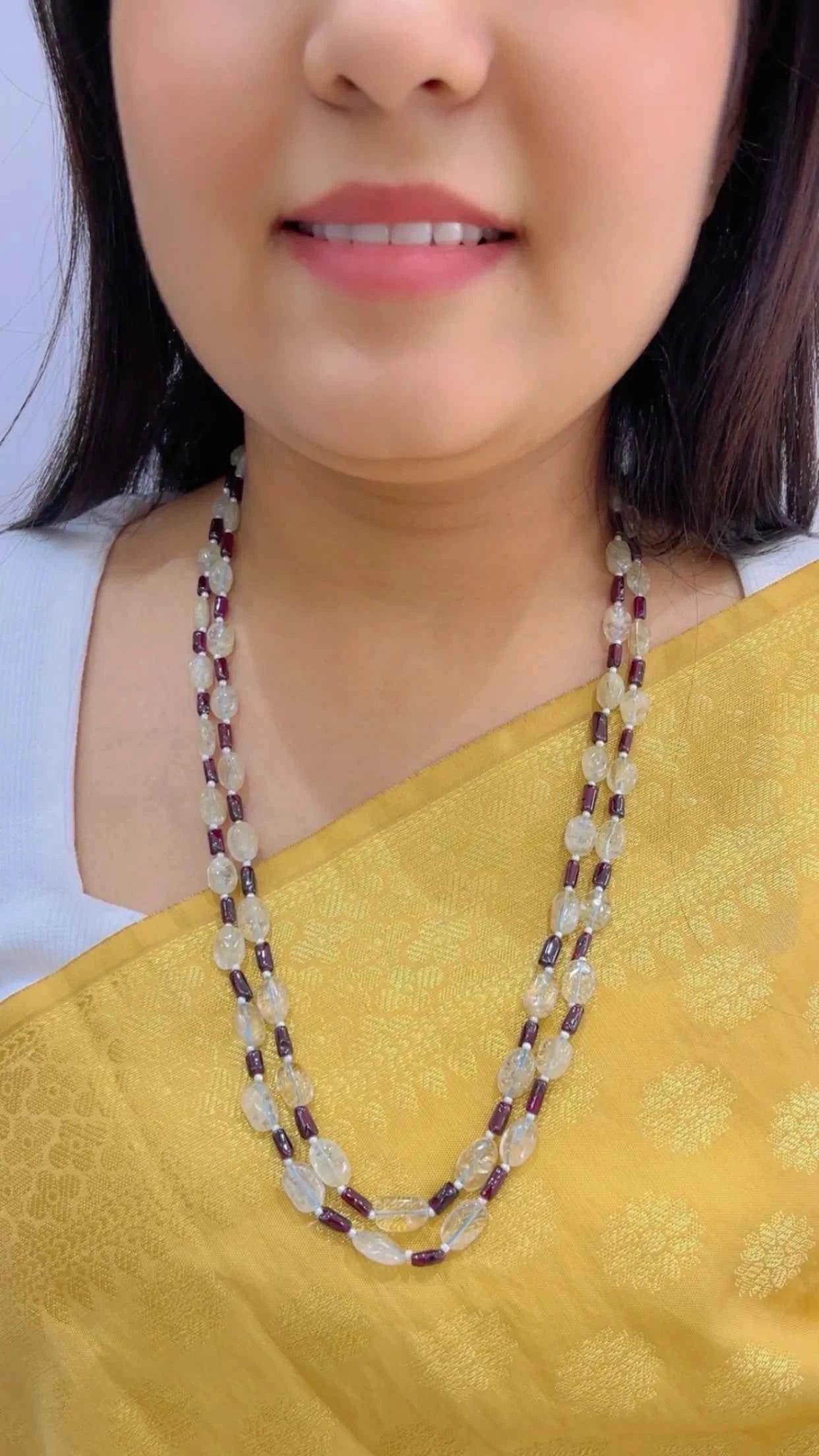 Natural Quartz & Garnet Gemstone Beads Necklace Jewelry