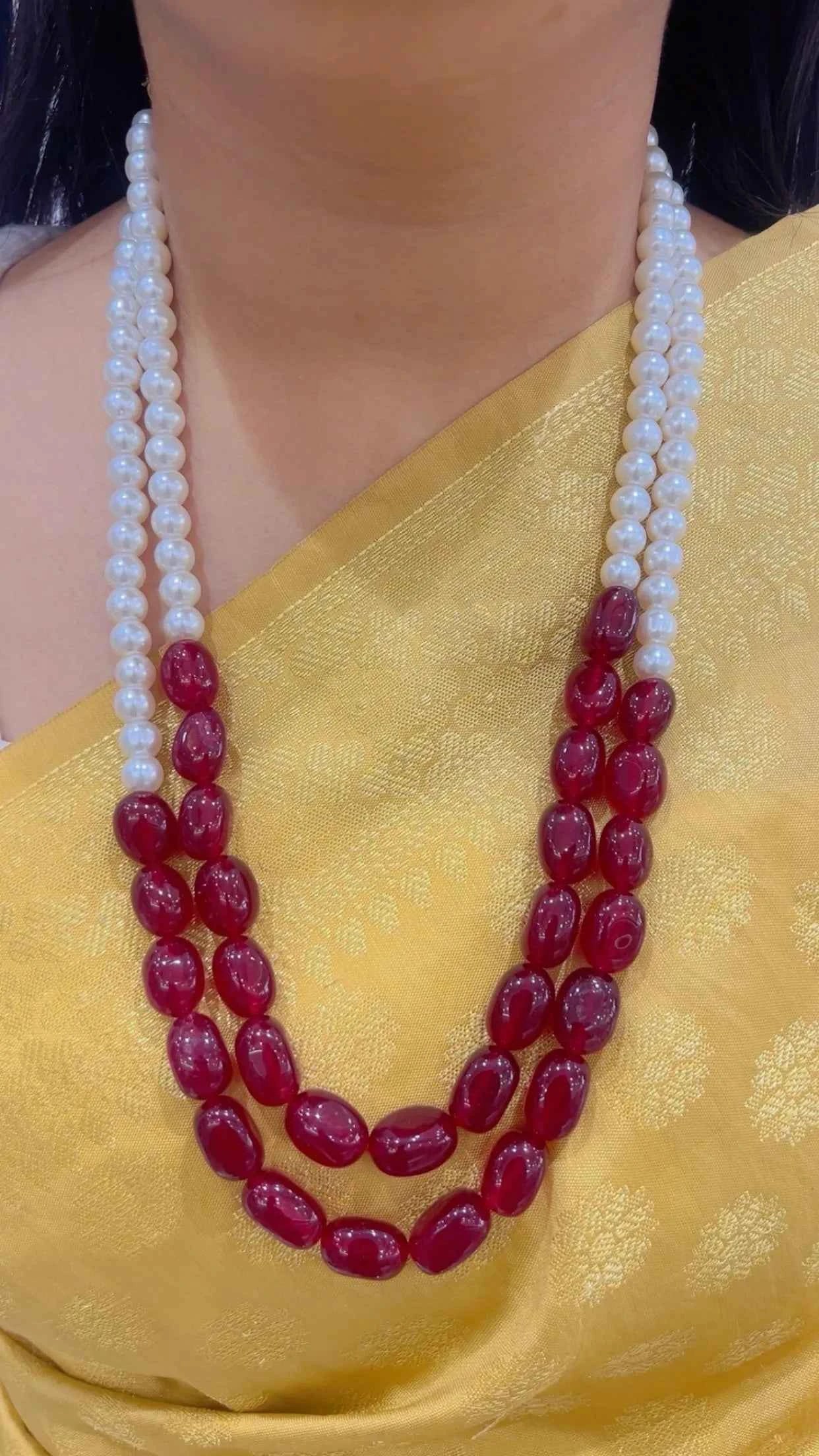 Natural Red Quartz & Pearl Gemstone Beads Necklace Jewelry