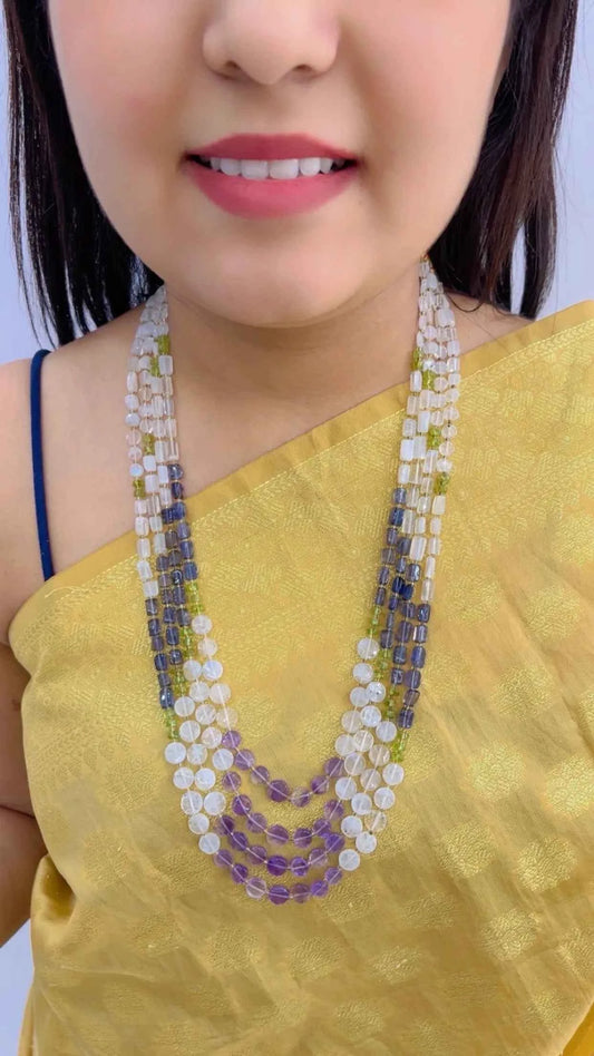 Natural Amethyst, Moonstone, Iolite & Garnet Gemstone Beads Necklace Jewelry