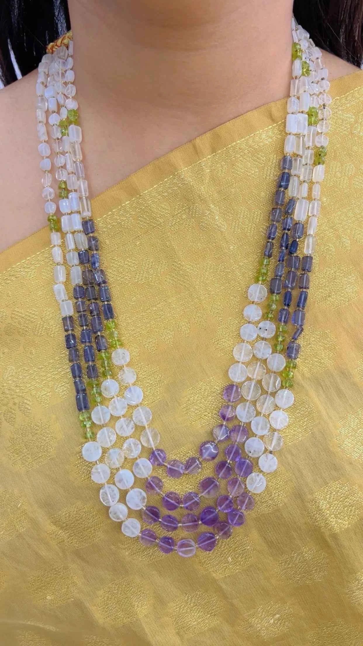 Natural Amethyst, Moonstone, Iolite & Garnet Gemstone Beads Necklace Jewelry