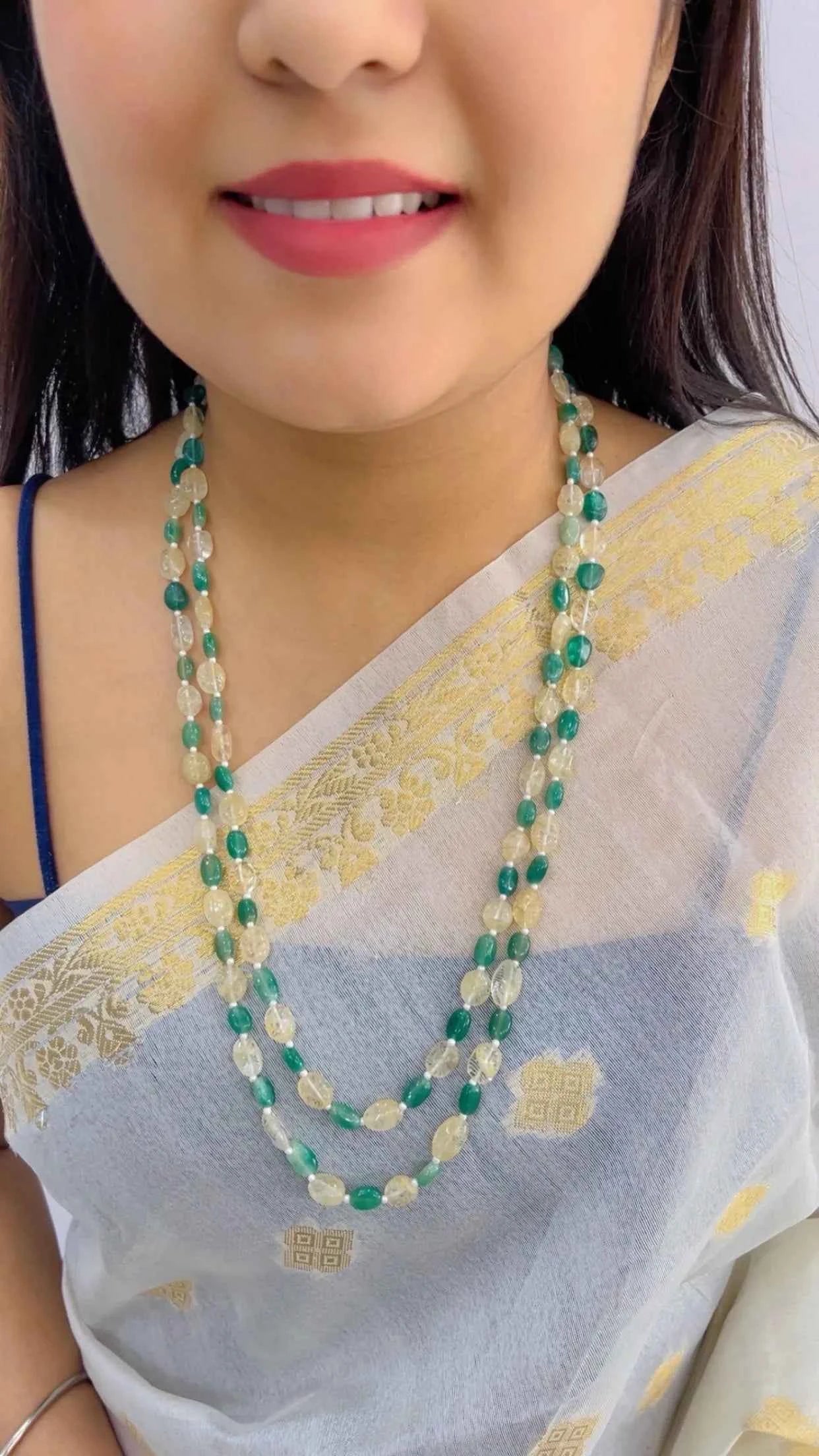 Natural Green & Yellow Quartz Gemstone Beads Necklace Jewelry