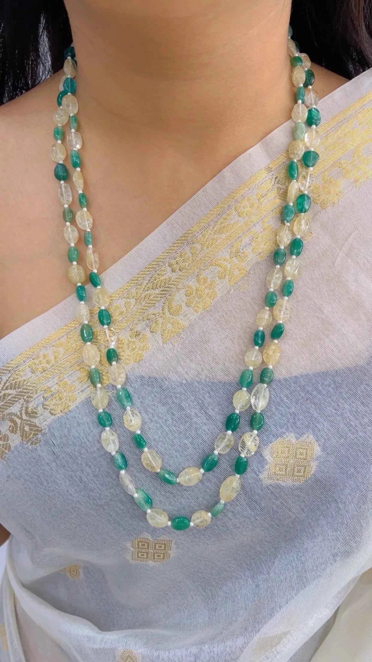 Natural Green & Yellow Quartz Gemstone Beads Necklace Jewelry