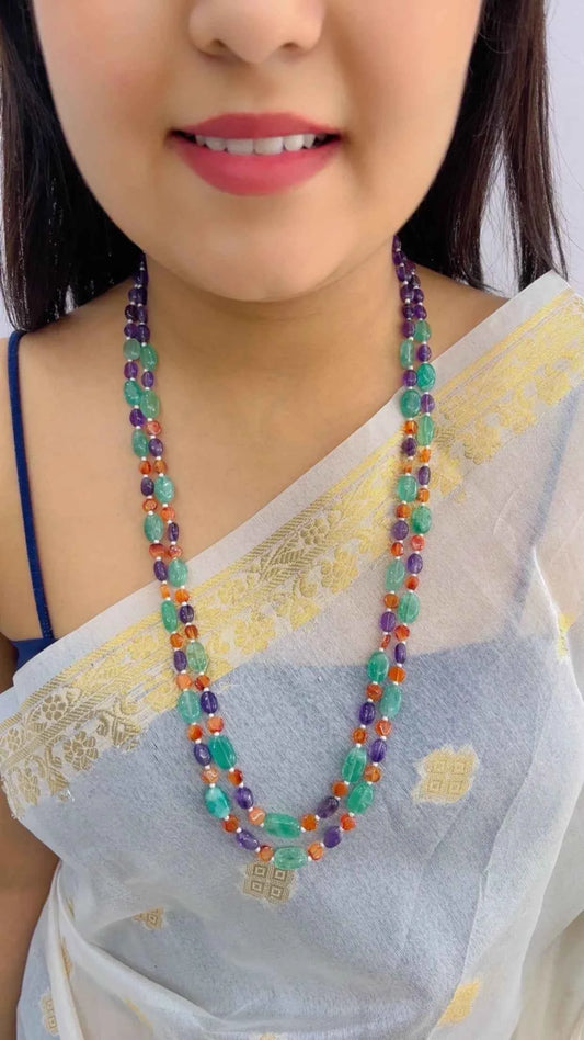 Natural Amethyst, Carnelian & Green Quartz Gemstone Beads Necklace Jewelry
