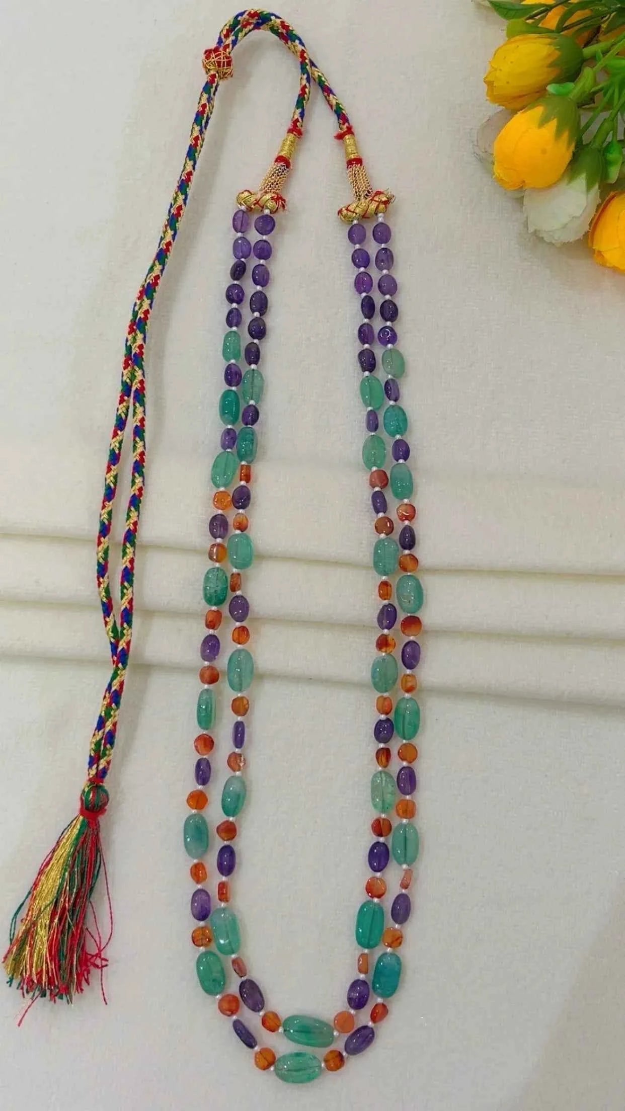 Natural Amethyst, Carnelian & Green Quartz Gemstone Beads Necklace Jewelry