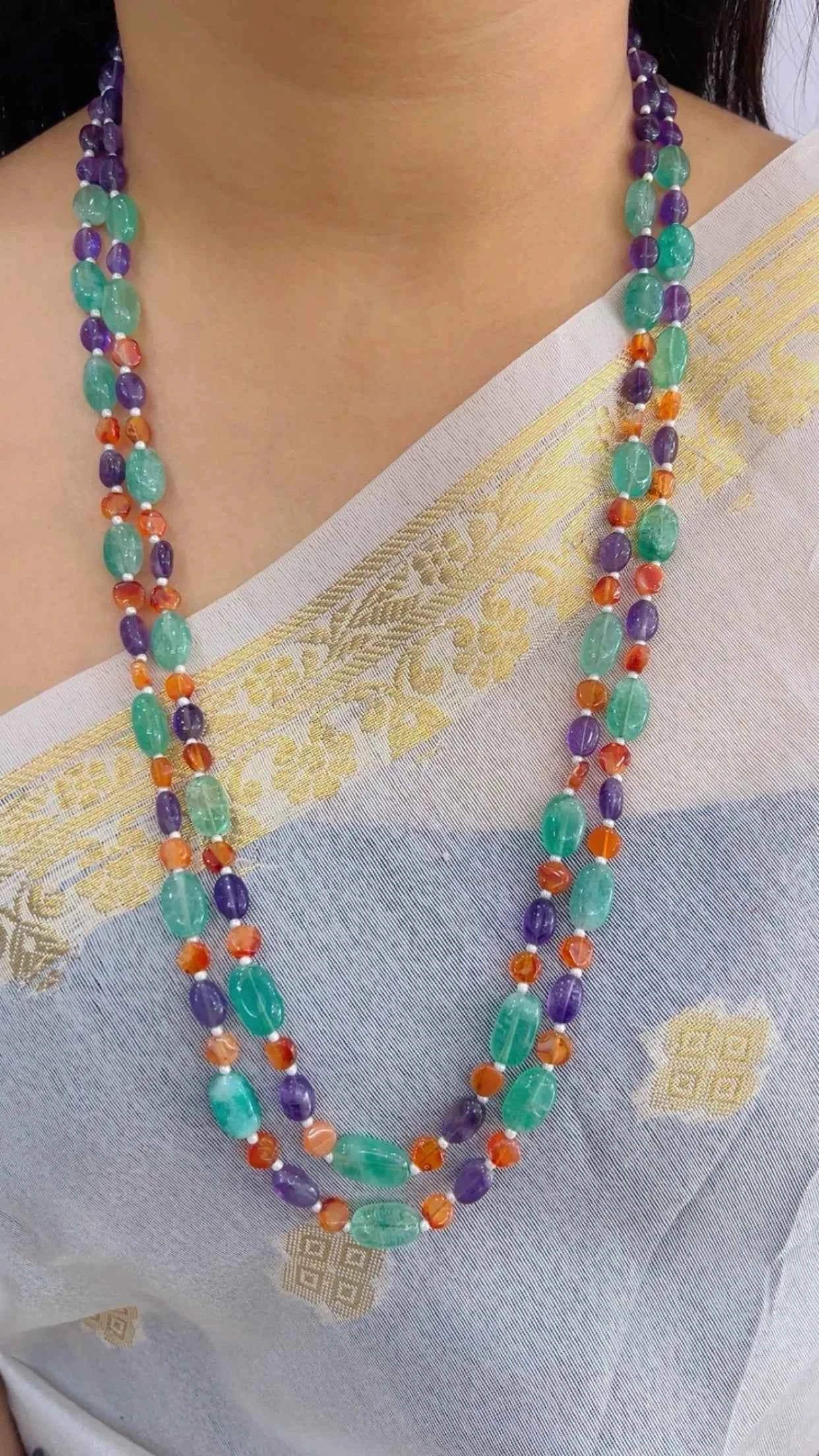Natural Amethyst, Carnelian & Green Quartz Gemstone Beads Necklace Jewelry