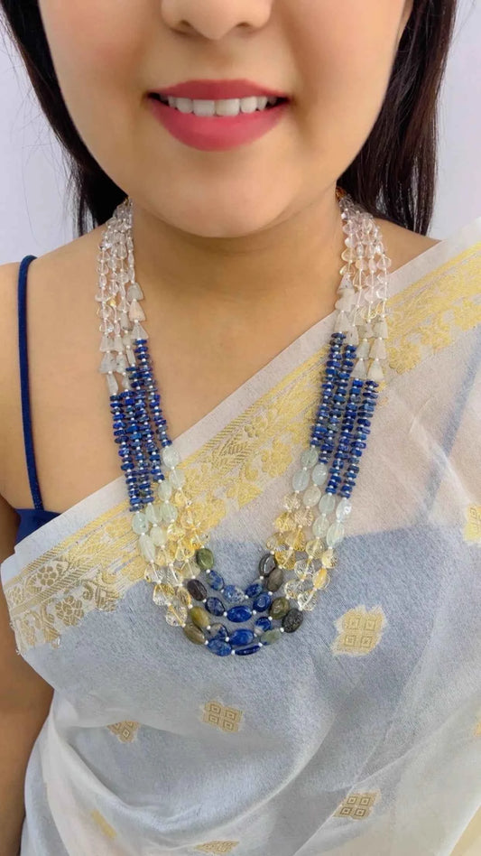 Natural Lapis Lazuli, Citrine & Quartz Gemstone Beads Necklace Jewelry