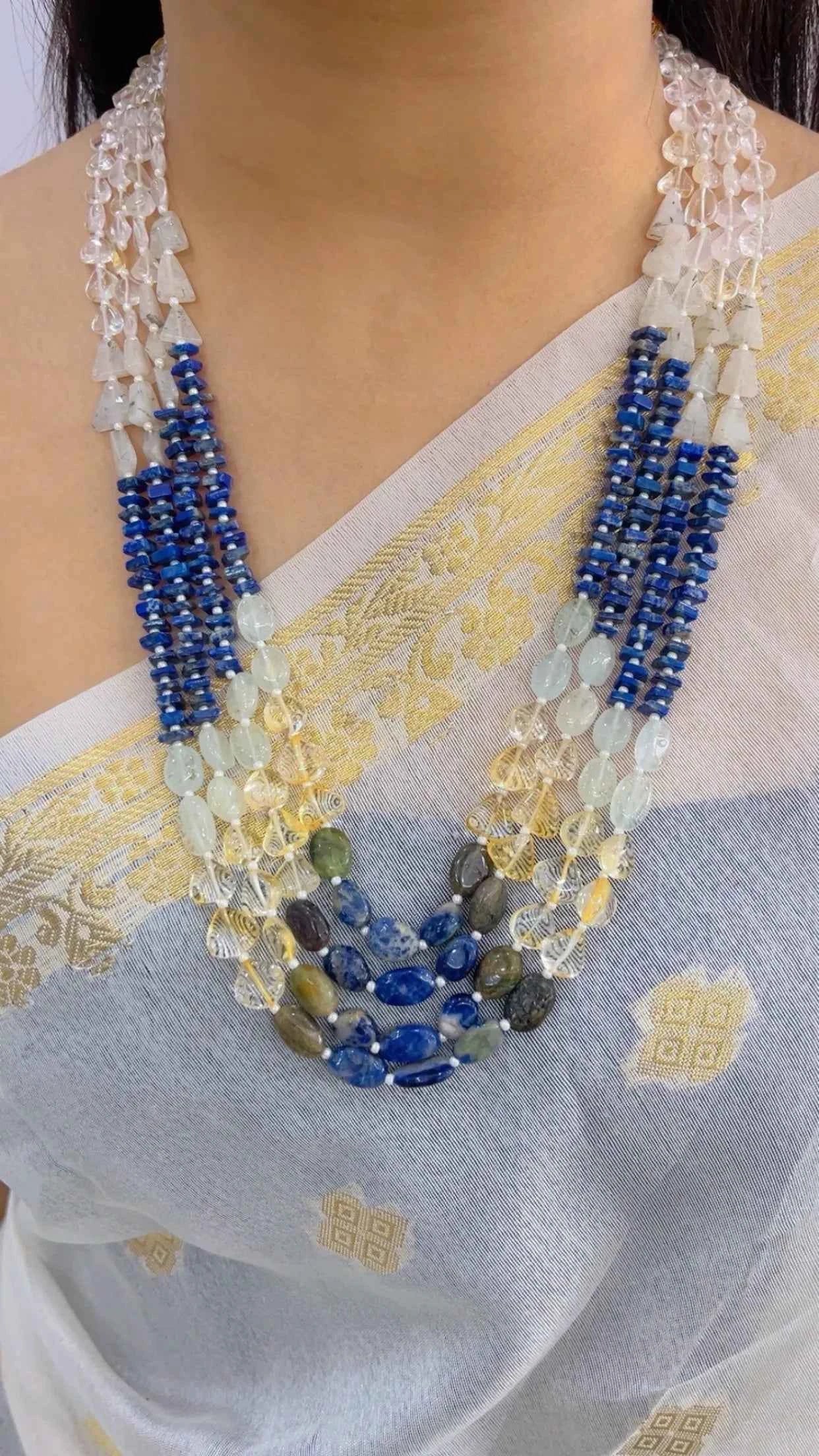 Natural Lapis Lazuli, Citrine & Quartz Gemstone Beads Necklace Jewelry