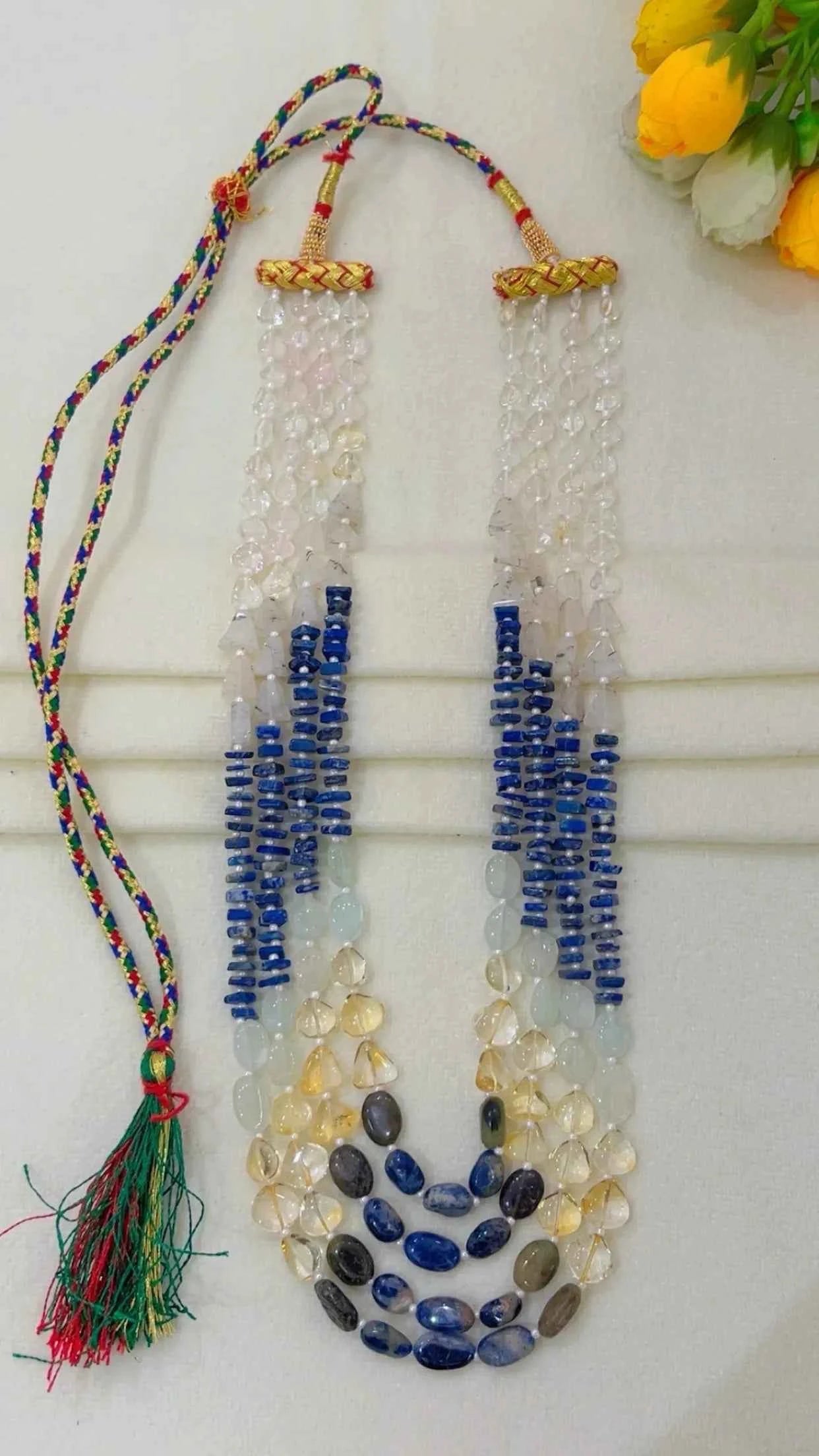 Natural Lapis Lazuli, Citrine & Quartz Gemstone Beads Necklace Jewelry