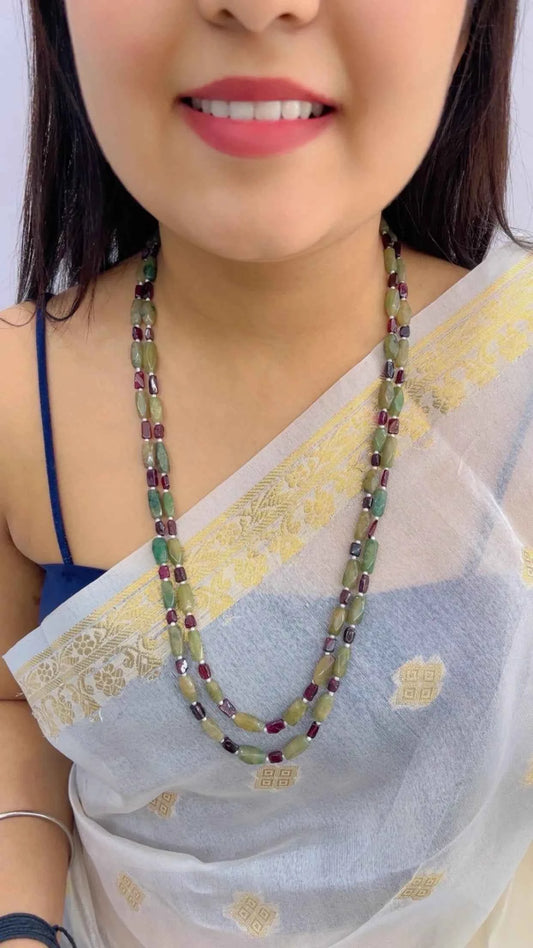 Natural Green Quartz & Garnet Gemstone Beads Necklace Jewelry
