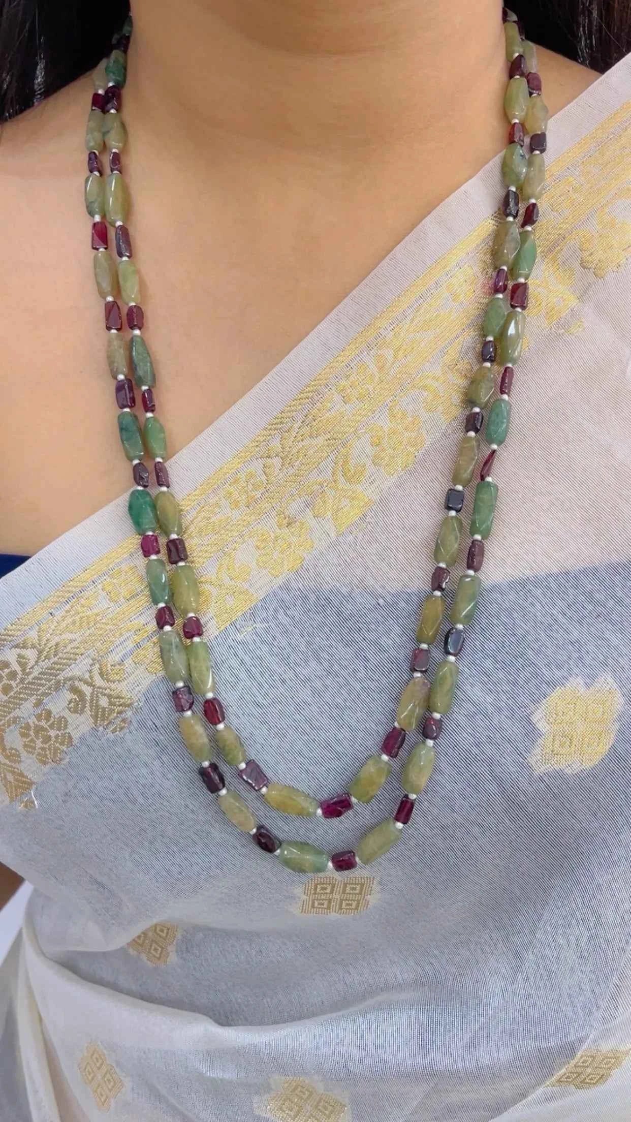 Natural Green Quartz & Garnet Gemstone Beads Necklace Jewelry