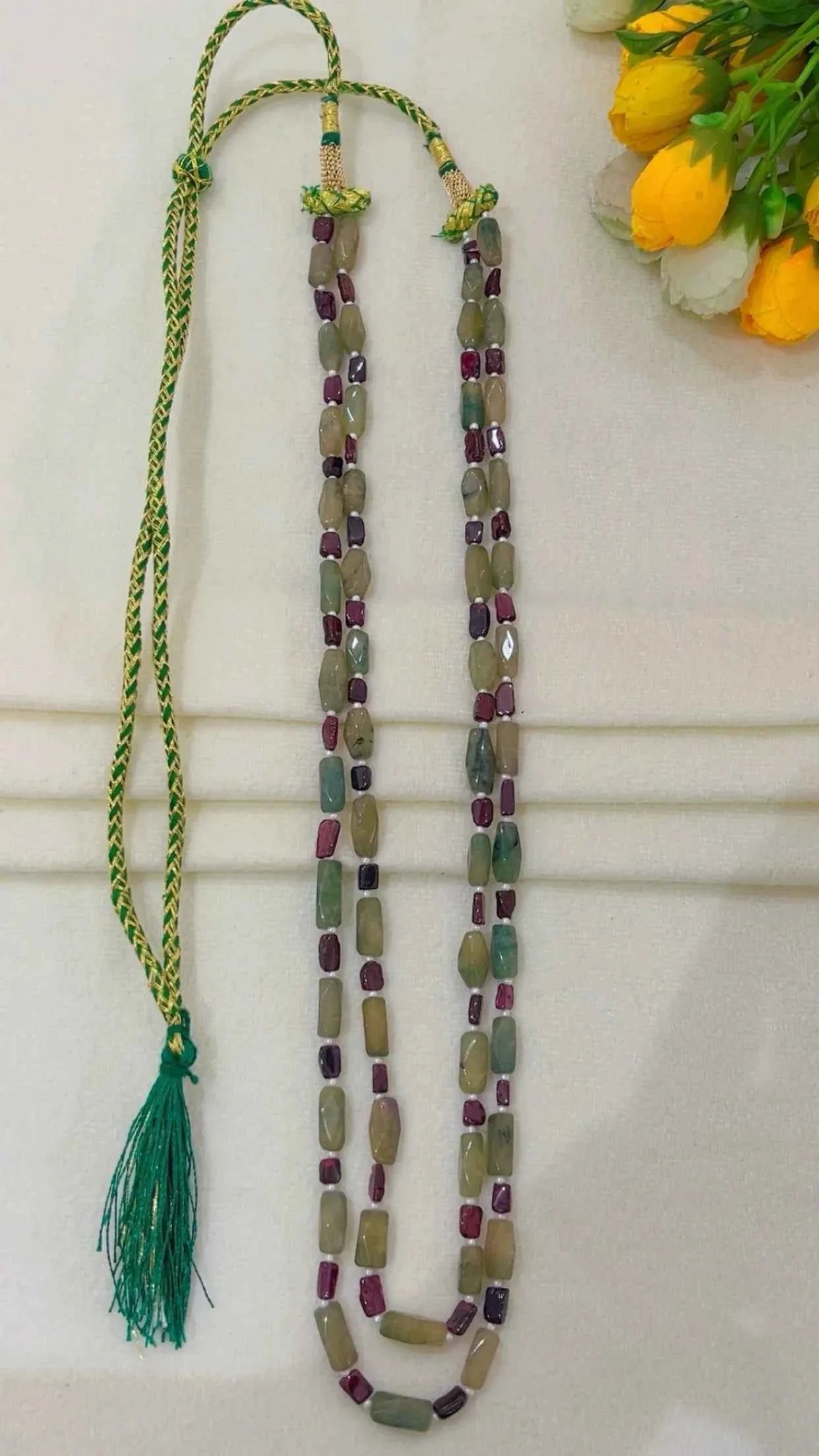 Natural Green Quartz & Garnet Gemstone Beads Necklace Jewelry