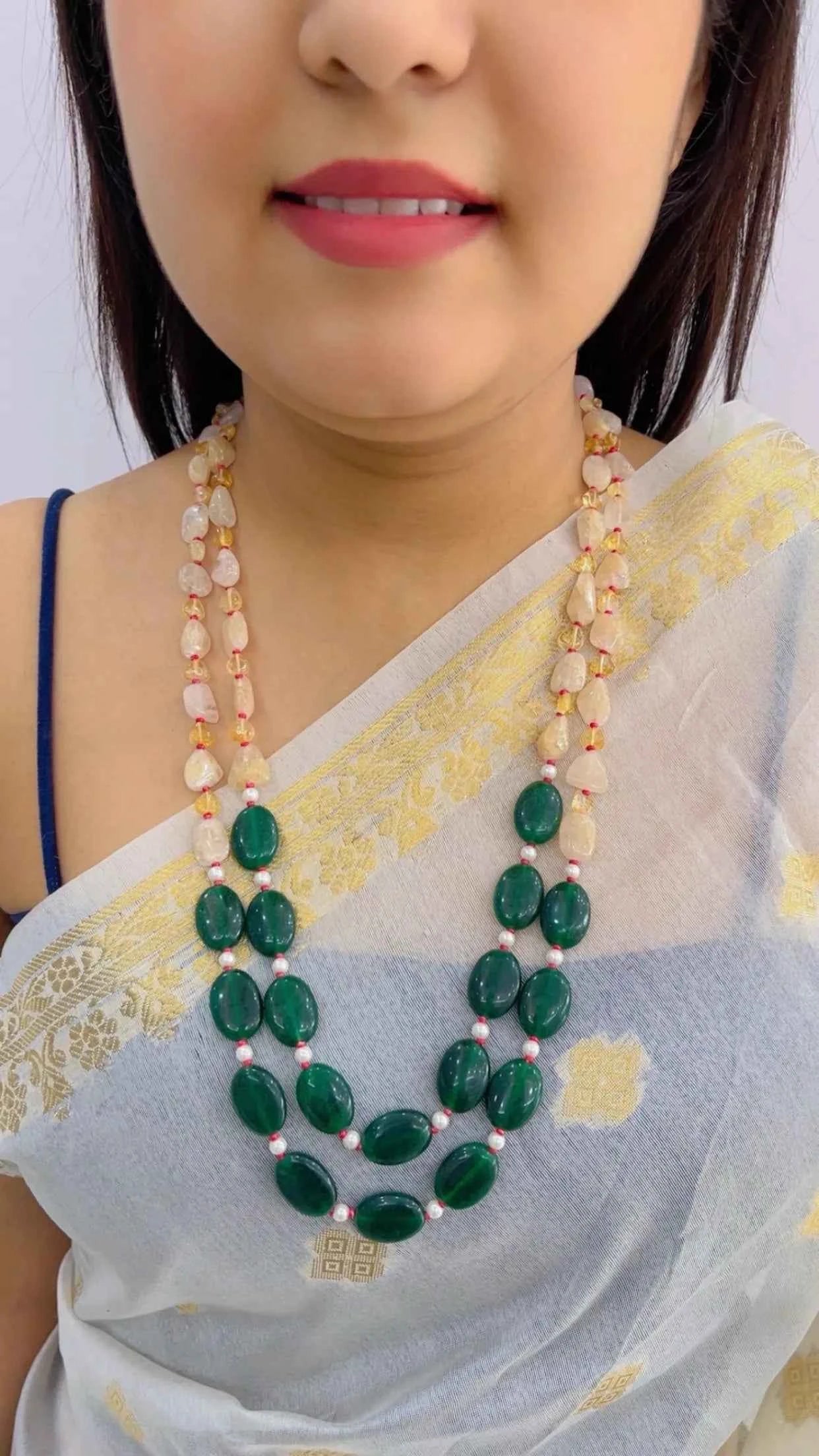 Natural Citrine & Green Quartz Gemstone Beads Necklace Jewelry
