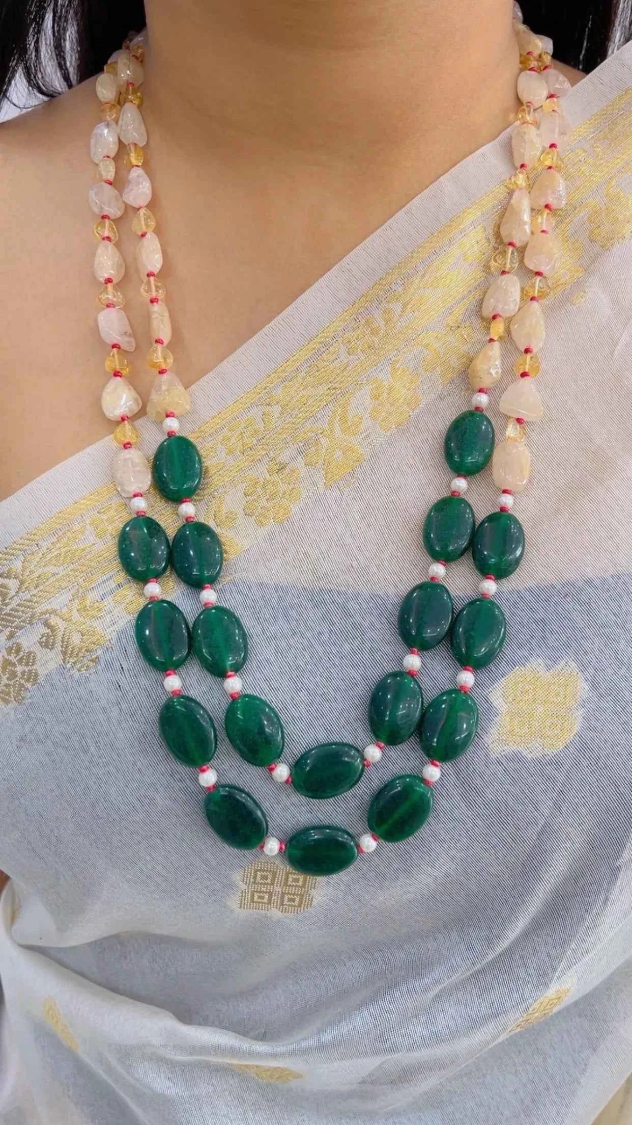 Natural Citrine & Green Quartz Gemstone Beads Necklace Jewelry