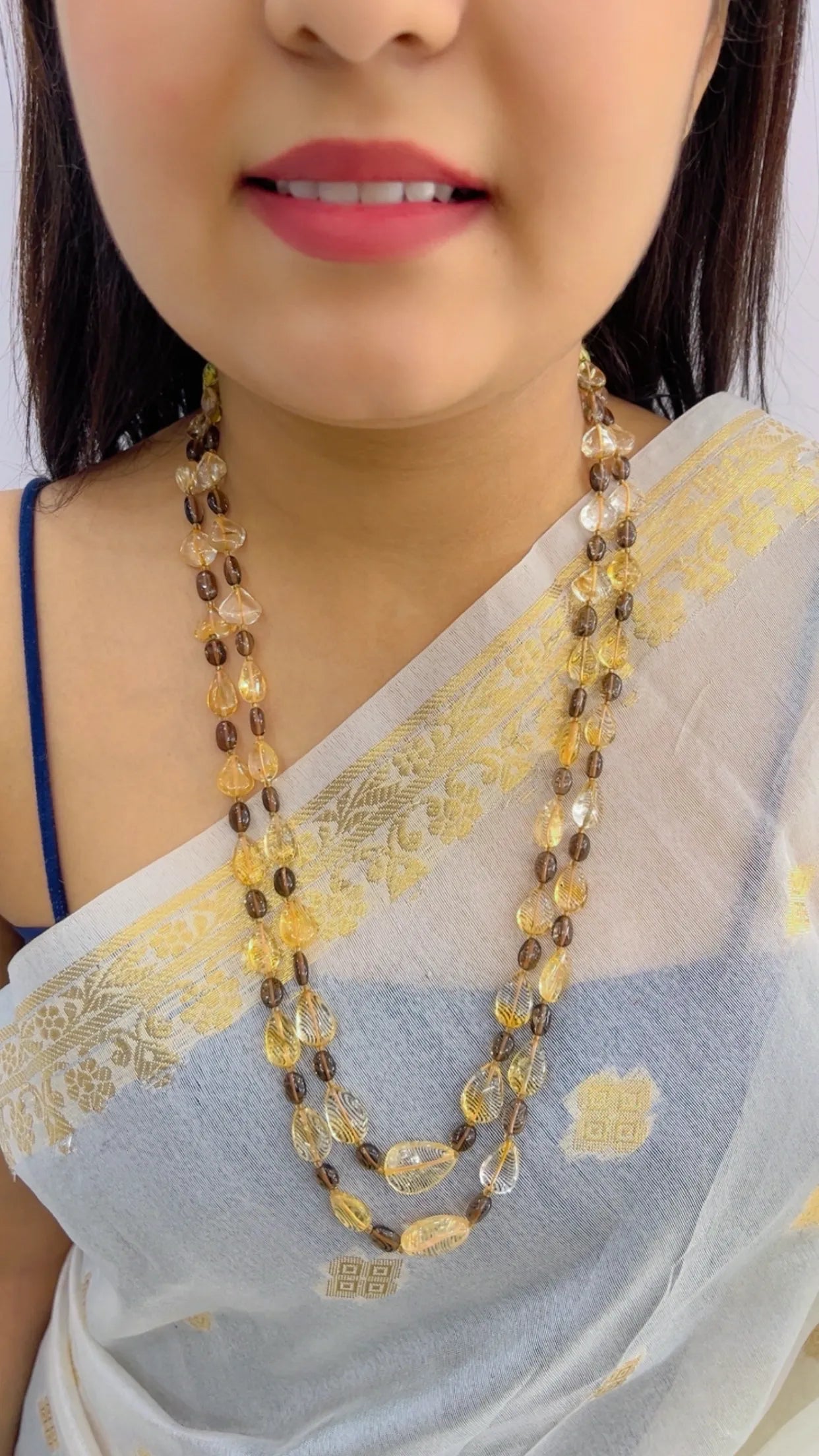 Natural Citrine & Smoky Quartz Gemstone Beads Necklace Jewelry