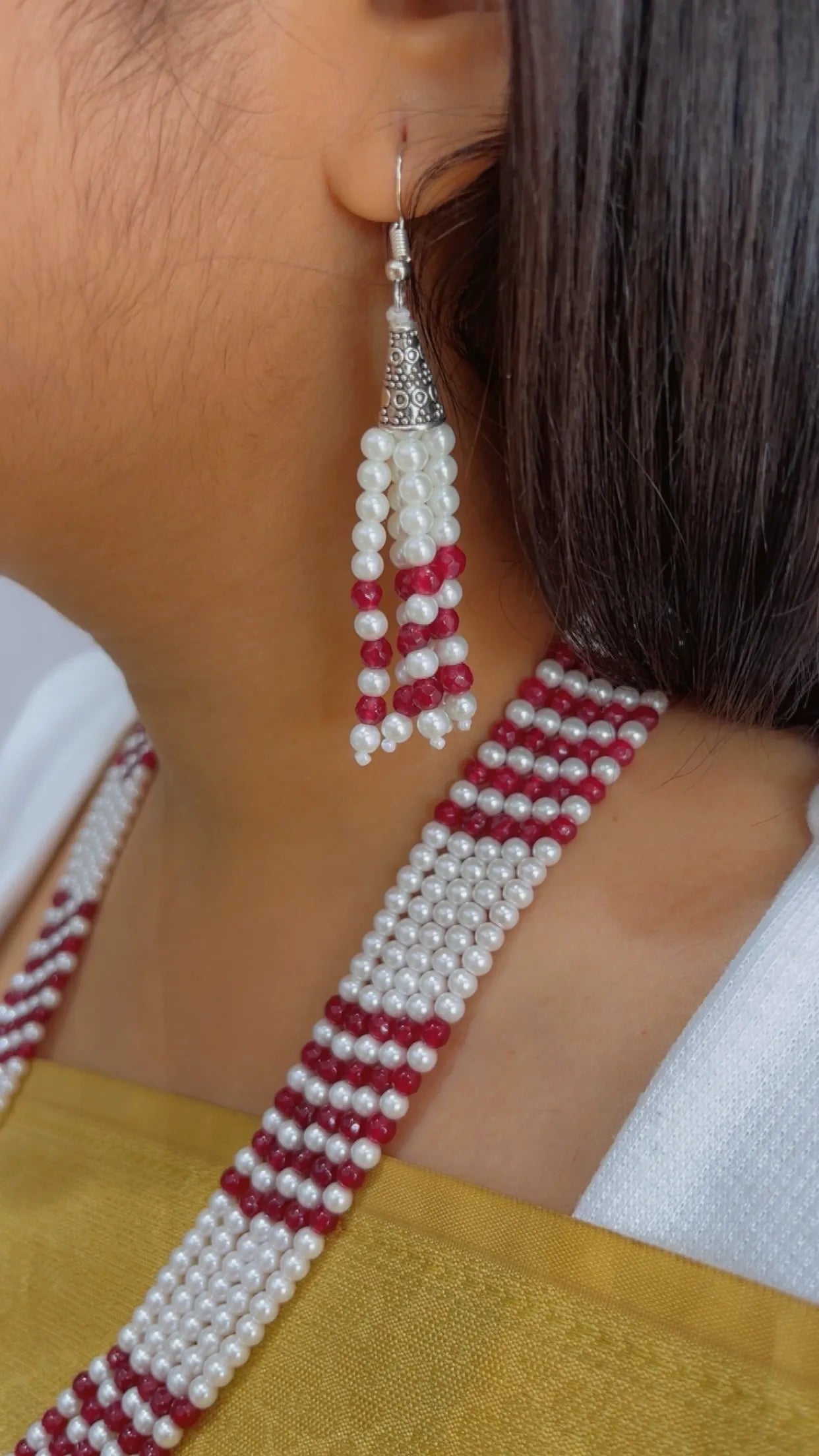 Natural Red Quartz & Pearl Gemstone Beads Necklace Jewelry