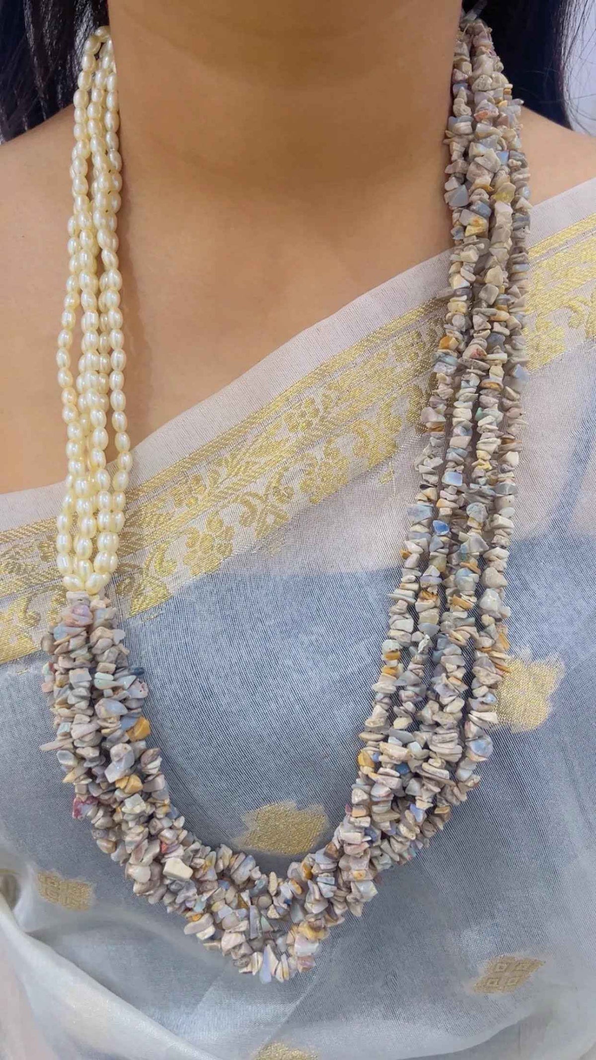 Natural Blue Opal & Pearl Gemstone Beads Necklace Jewelry