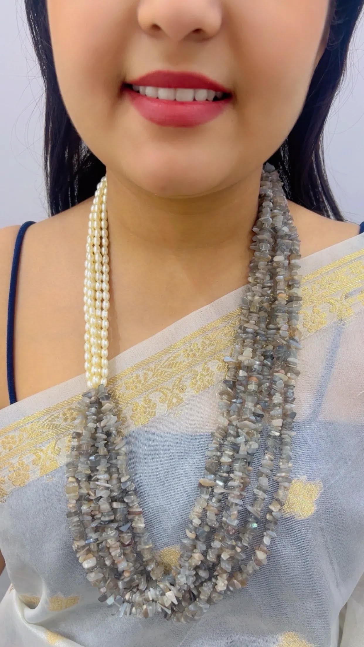 Natural Grey Moonstone & Pearl Gemstone Necklace Jewelry