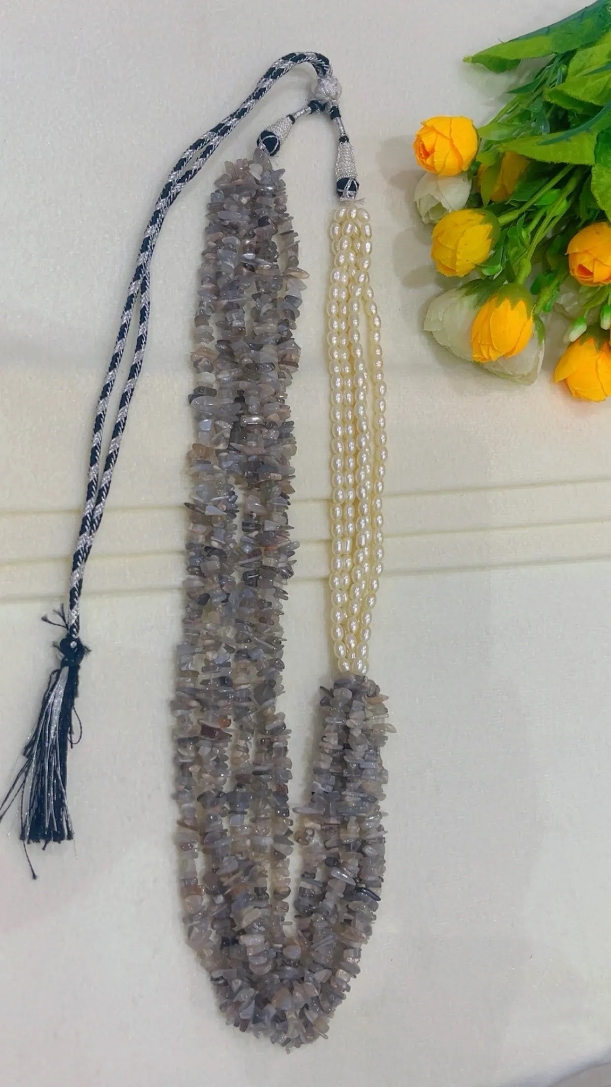 Natural Grey Moonstone & Pearl Gemstone Necklace Jewelry