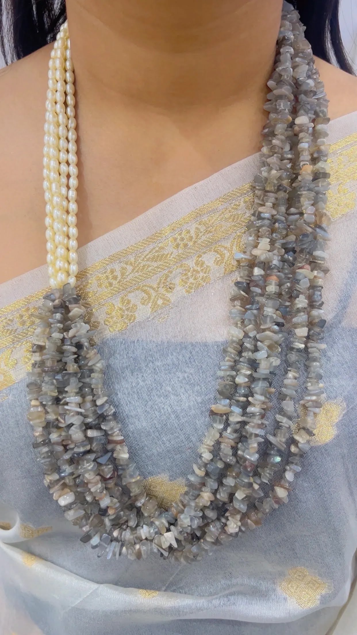Natural Grey Moonstone & Pearl Gemstone Necklace Jewelry